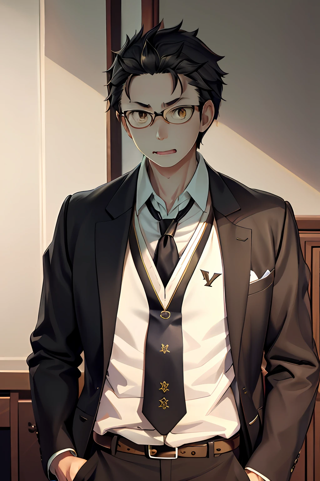 (1 Adult male),A high resolution, Sharp focus, Pixiv masterpiece, ((Complicated details)), highly detailed, natsuki_subaru, 1 man, with her mouth open,drools,full bodyesbian, Golden eyes(eyes glowing), with short golden hair,white shirt,Wear a tie,Wear a belt,perspire,look from down