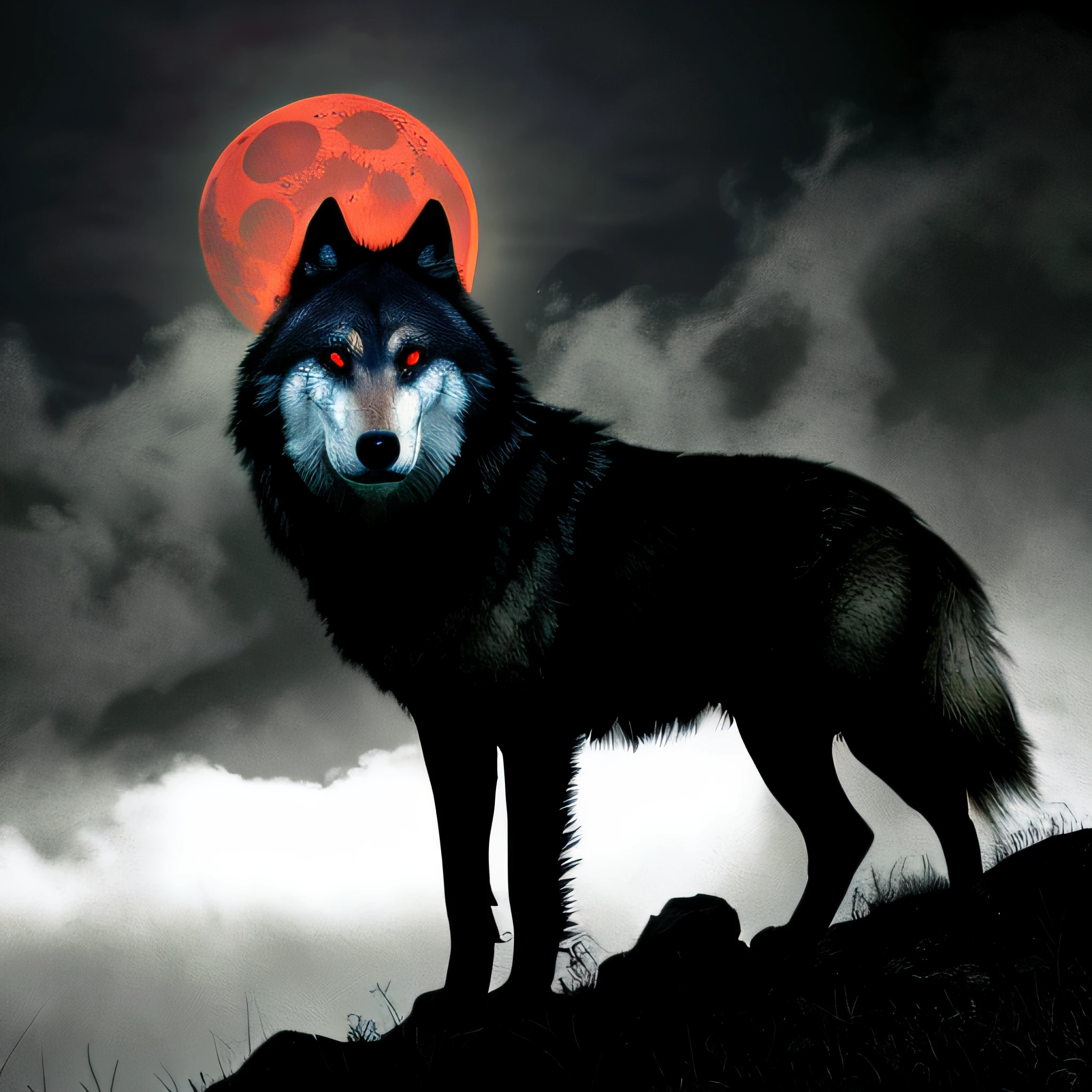 best quality, masterpiece,
a monster, god, holy, fog, big red bleeding eye and blood moon as background,
elden ring,wolf