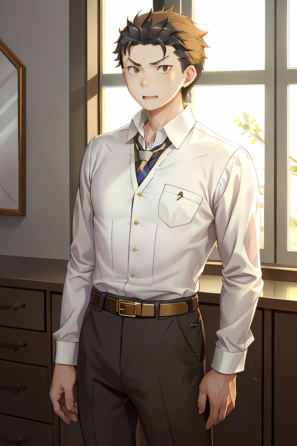 （1 Adult male），A high resolution， Sharp focus， Pixiv masterpiece， （（Complicated details））， highly  detailed， natsuki_subaru， 1 man， with her mouth open，drools，full bodyesbian， Golden eyes（eyes glowing）， with short golden hair，white  shirt，Wear a tie，Wear a belt，perspire，look from down