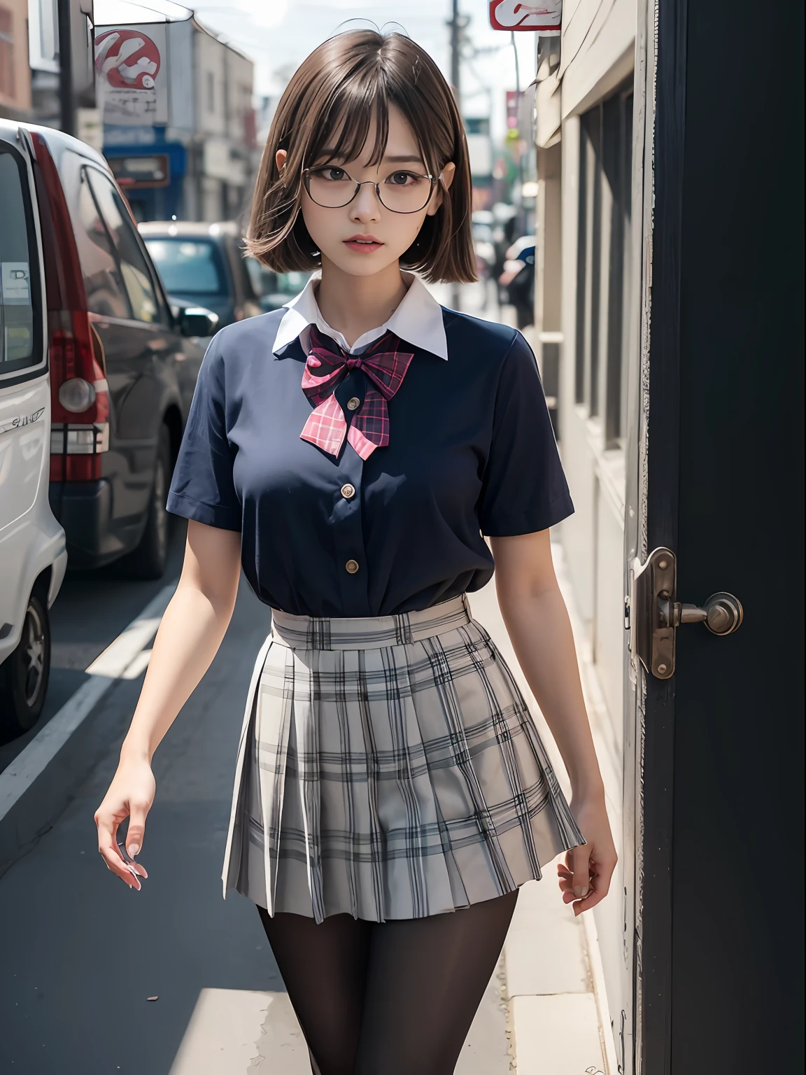 （8K、Raw photography、top-quality、​masterpiece：1.2),Pupils,Light Blue Bra,de pele branca,kne,(Black pantyhose),absurderes,a small face,small tits,flat breast,Parting the bangs from the middle、Forehead visible,(a cold expression<Tight eyes,glares,Bullish,skinny,Rasping,irate)、​masterpiece,top-quality、超A high resolution,Raw photo,ren,Beautiful fece,One Person, 独奏,eye glass,,Dark look,Small breasts,fullllbody,Round glasses、cute little、JK school uniform,hi-school girl,A Japanese Lady,is standing,（Photorealsitic：1.37）、Photon mapping,Light blue ribbon,Realistic、Cute little face,Brown-eyed、Black socks、(Red bow tie)、Radio City、Physically Based Rendering、Foreground、depth of fields、Blurry background、a picture,The girls、Body,beauty legs, Long legs, Thin leg,Long bob cut,(Bangs are visible), hair, s lips, Blue_The eye, nosesoft,(Light blue shirt), (Navy and blue and white plaid pleated skirt), Knees are visible,Sheer clothing,, Thigh, Black cotton socks,Nogizaka Idol, 女優, Japanese ido