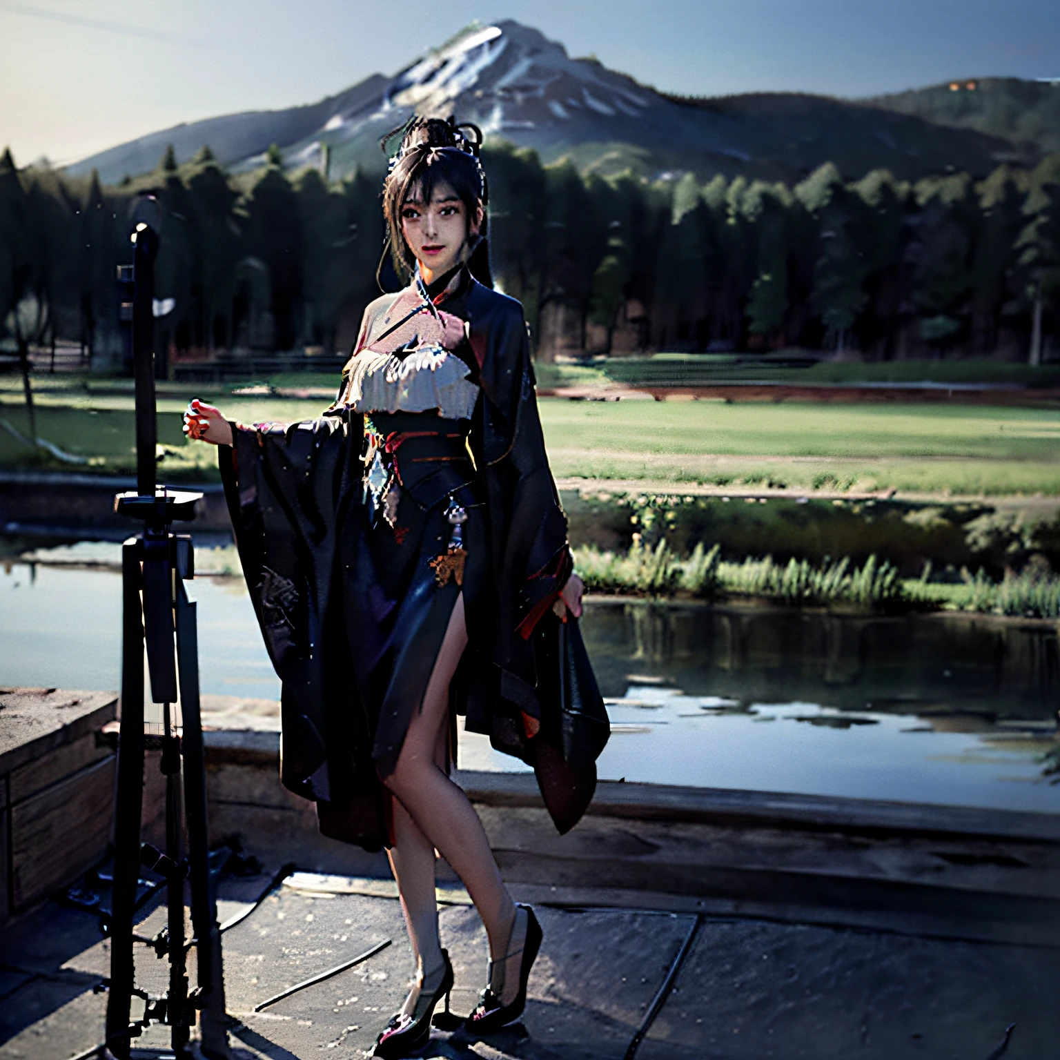 (masterpiece, best quality, beautiful portrait:1.4) of a stunning 25yo chinese woman, (full body view:1.6), standing, solo, long black hair, happy smile, perfect beautiful face, perfect skin, looking at viewer, village and lake in background, colorful watercolor anime, highly detailed, ultra realistic, deep depth of field, (sharp focus:1.6), insanely intricate, 8k