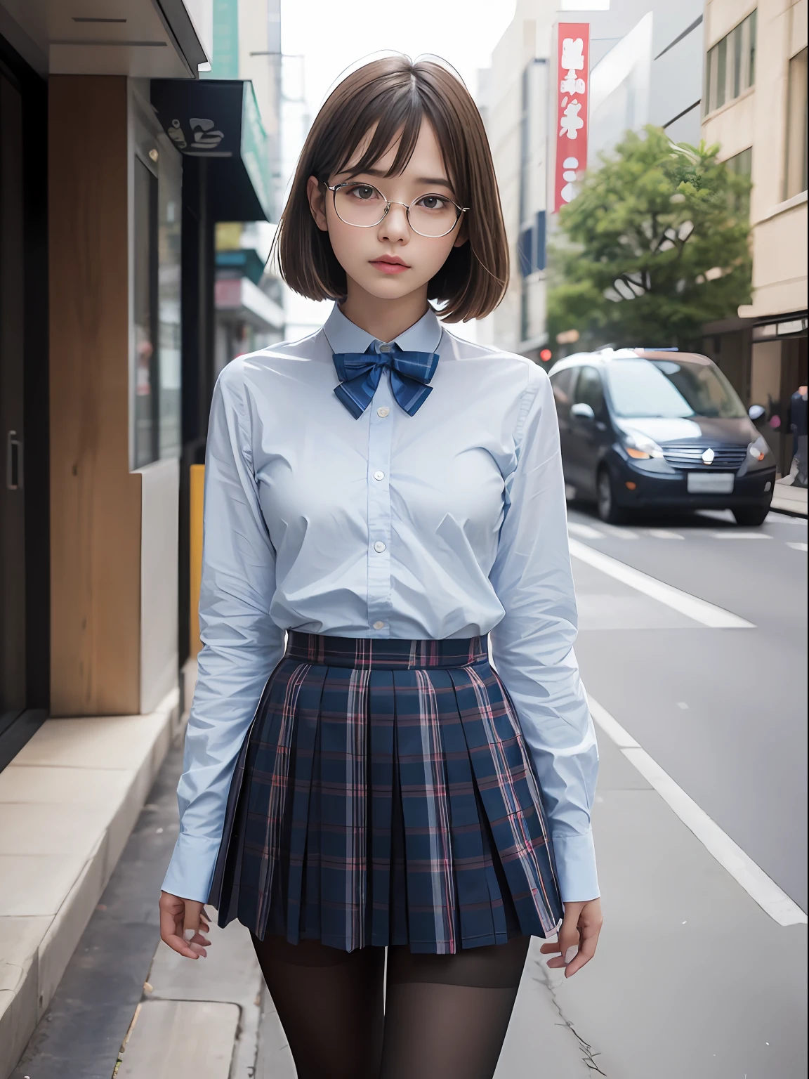 (8K、Raw photography、top-quality、masterpiece:1.2),Pupils,Light Blue Bra,de pele branca,kne,(Black pantyhose),absurderes,a small face,small tits,flat breast,Parting the bangs from the middle、Forehead visible,(a cold expression<Tight eyes,glares,Bullish,skinny,Rasping,irate)、masterpiece,top-quality、超A high resolution,Raw photo,ren,Beautiful fece,One Person, 独奏,eye glass,,Dark look,Small breasts,fullllbody,Round glasses、cute little、JK school uniform,hi-school girl,A Japanese Lady,is standing,(Photorealsitic:1.37)、Photon mapping,Light blue ribbon,Realistic、Cute little face,Brown-eyed、Black socks、(Red bow tie)、Radio City、Physically Based Rendering、Foreground、depth of fields、Blurry background、a picture,The girls、Body,beauty legs, Long legs, Thin leg,Long bob cut,(Bangs are visible), hair, s lips, Blue_The eye, nosesoft,(Light blue shirt), (Navy and blue and white plaid pleated skirt), Knees are visible,Sheer clothing,, Thigh, Black cotton socks,Nogizaka Idol, 女優, Japanese ido