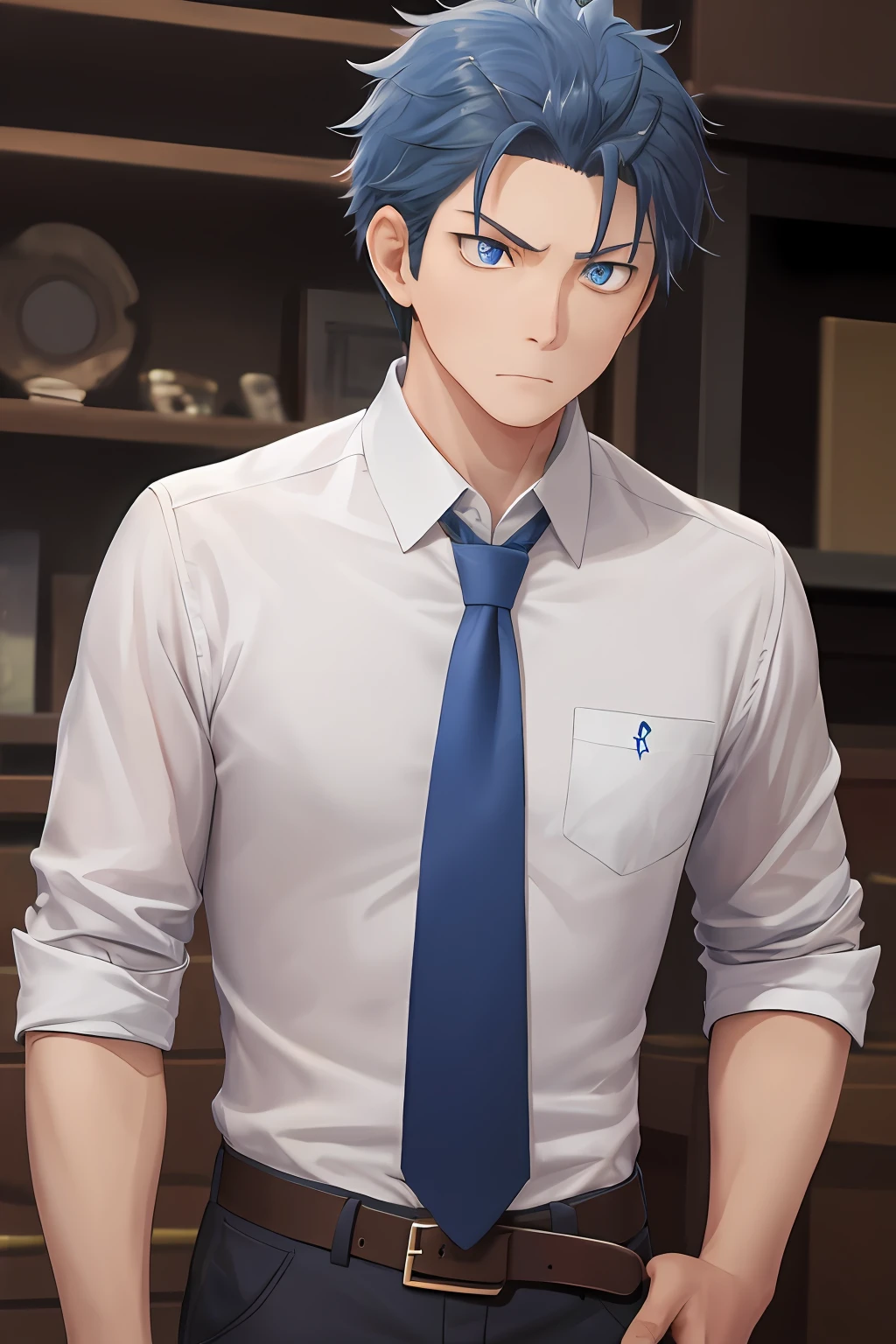 (1 Adult male),A high resolution, Sharp focus, Pixiv masterpiece, ((Complicated details)), highly detailed, natsuki_subaru, 1 man, The expression is serious,full bodyesbian, blue colored eyes(eyes glowing), blue short hair,white shirt,Wear a tie,Wear a belt,perspire,look from down