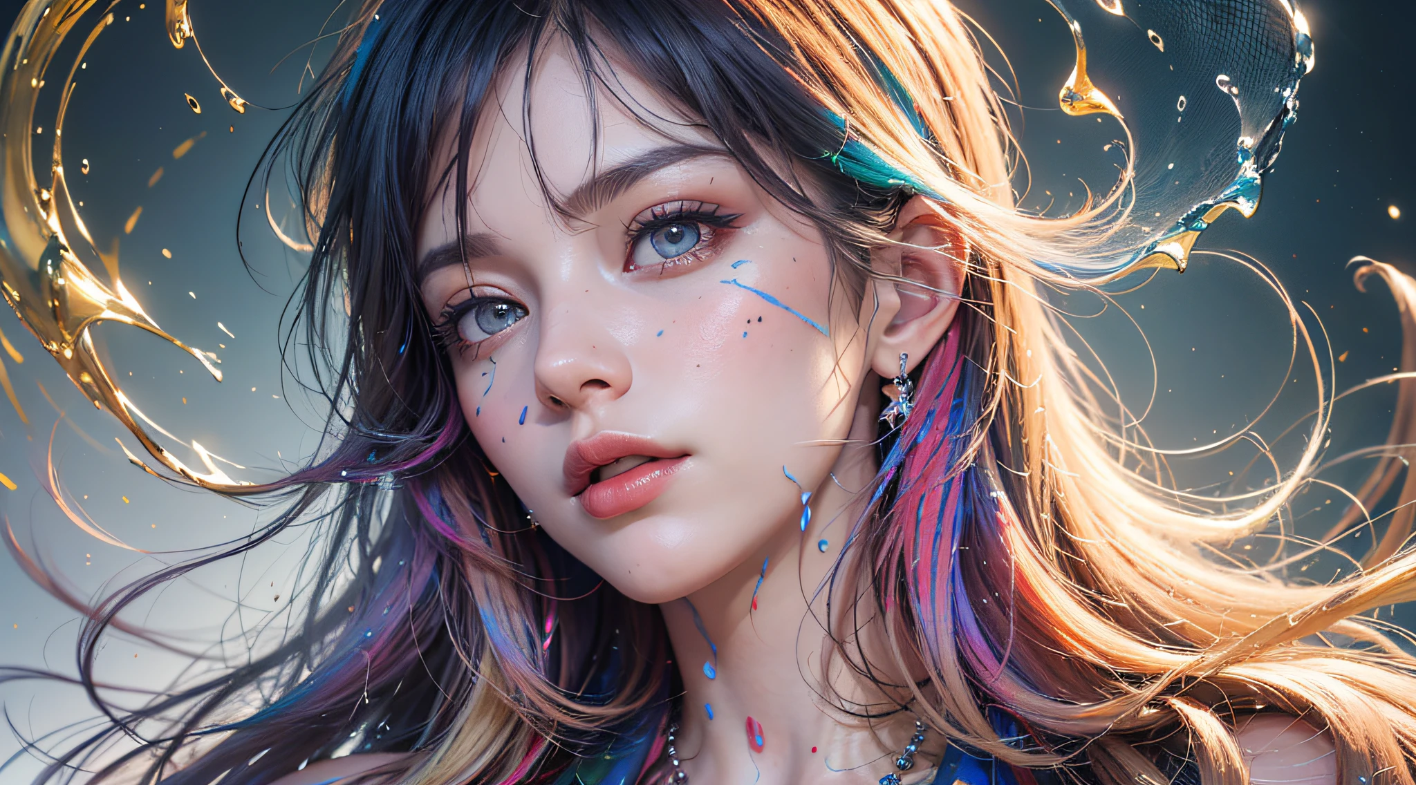 8k, RAW photo, realistic, photo-realistic, hyper-realistic, highest quality, best quality, masterpiece, highly detailed, absurdres,
masterpiece, best quality, (extremely detailed CG unity 8k wallpaper, masterpiece, best quality, ultra-detailed, best shadow), (detailed background), (beautiful detailed face, beautiful detailed eyes), High contrast, (best illumination), 1girl, Australian, multicoloured hair, beautiful, ((colourful paint splashes on transparent background, dulux)), ((caustic)), dynamic angle,beautiful detailed glow,full body, cowboy shot,