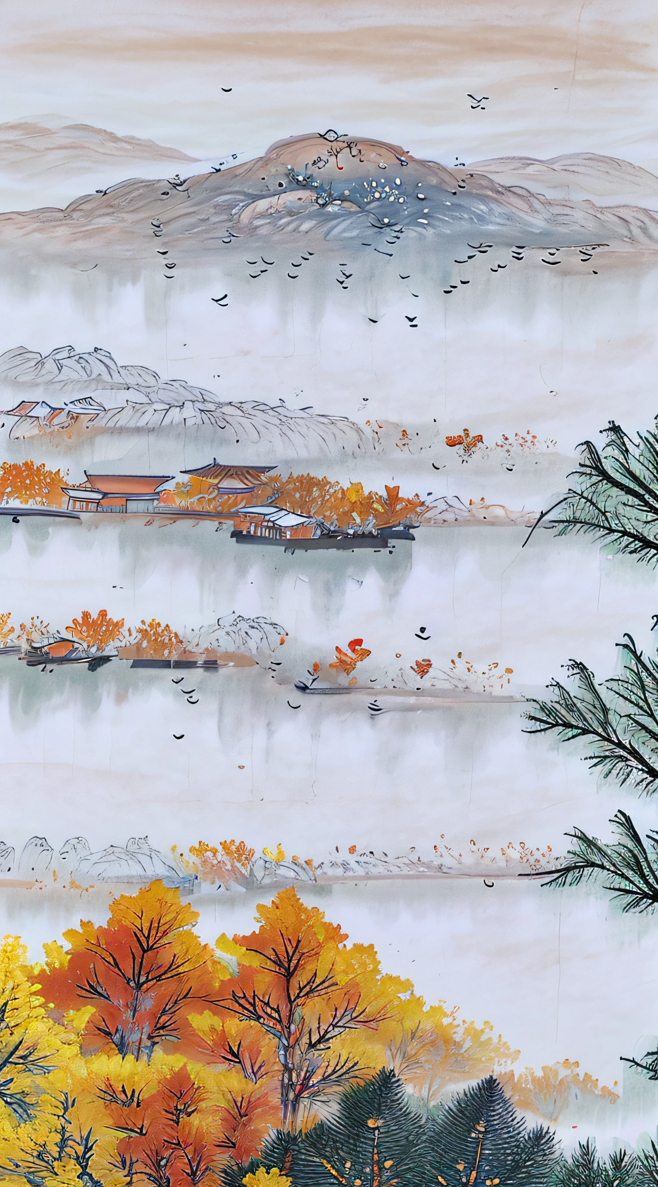 ((materpiece)), ((best quality)), ((high-res)), ((Ink wash)),  ((artist)), ((extremly details)), a chiniese tower, autumn, golden trees, autumn_leaves, birds chinese painting, leaf, maple_leaf, mountain, lake, mountainous_horizon, no_humans, outdoors, scenery, sky, sunset, tree, zulishisong_style_willow_tree, blurred distant scenery,