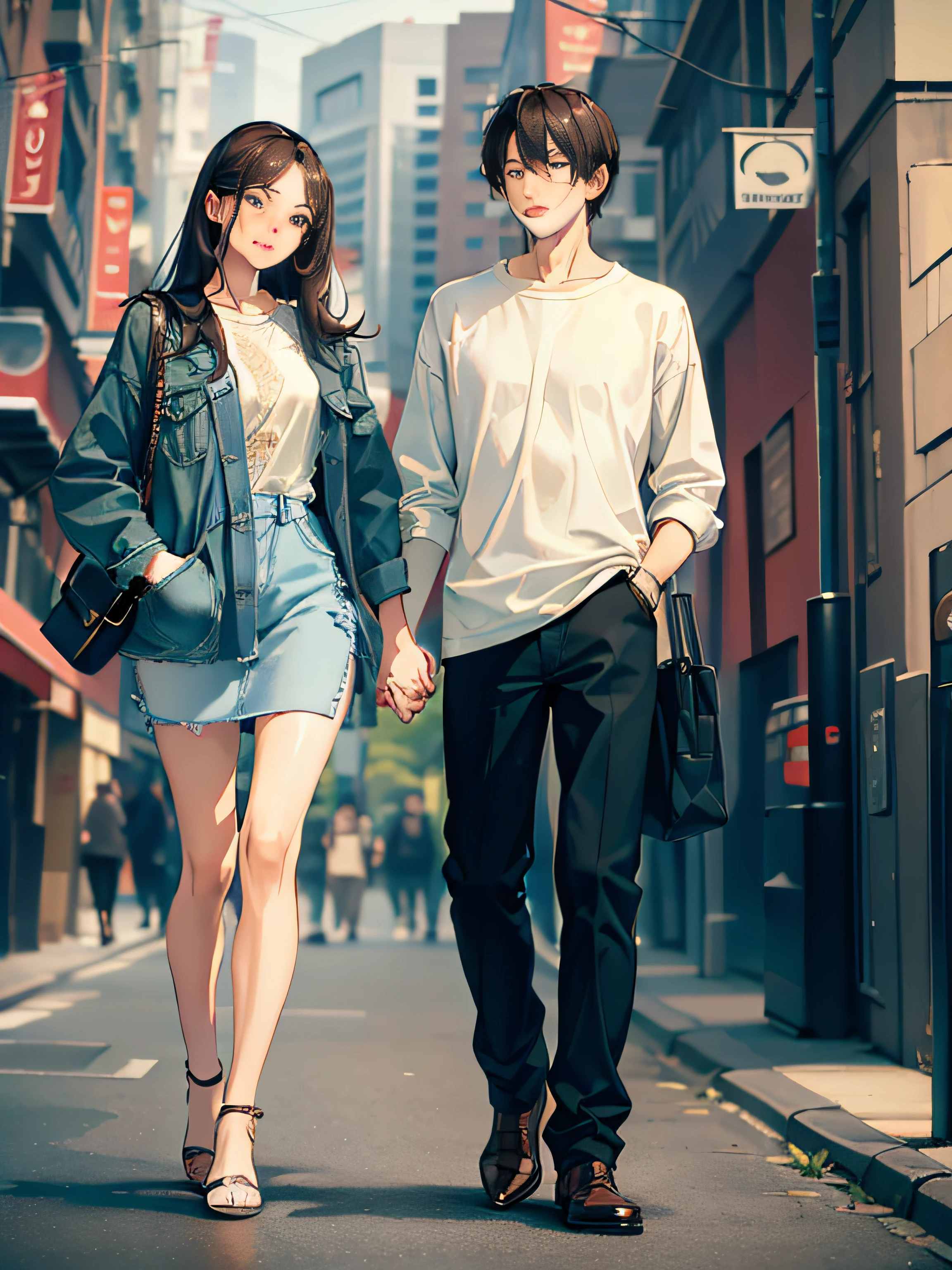 masterpiece, best quality, 2others, couple, 1man with 1woman, mature, adult, Height difference, different fashion, different color, finely detailed eyes and detailed face, intricate details, casual clothes, oversized shirt, modern urban street, holding hands, smile, happy, love