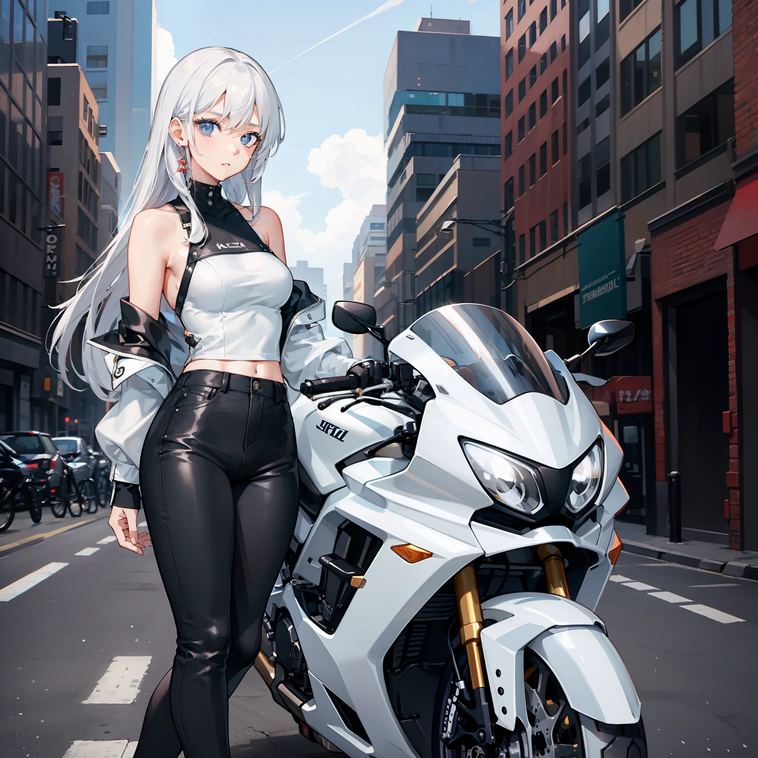 1 girl, beautiful face, cool vibes, white shoulder length hair, wear a motorcycle leather jacket, black pants