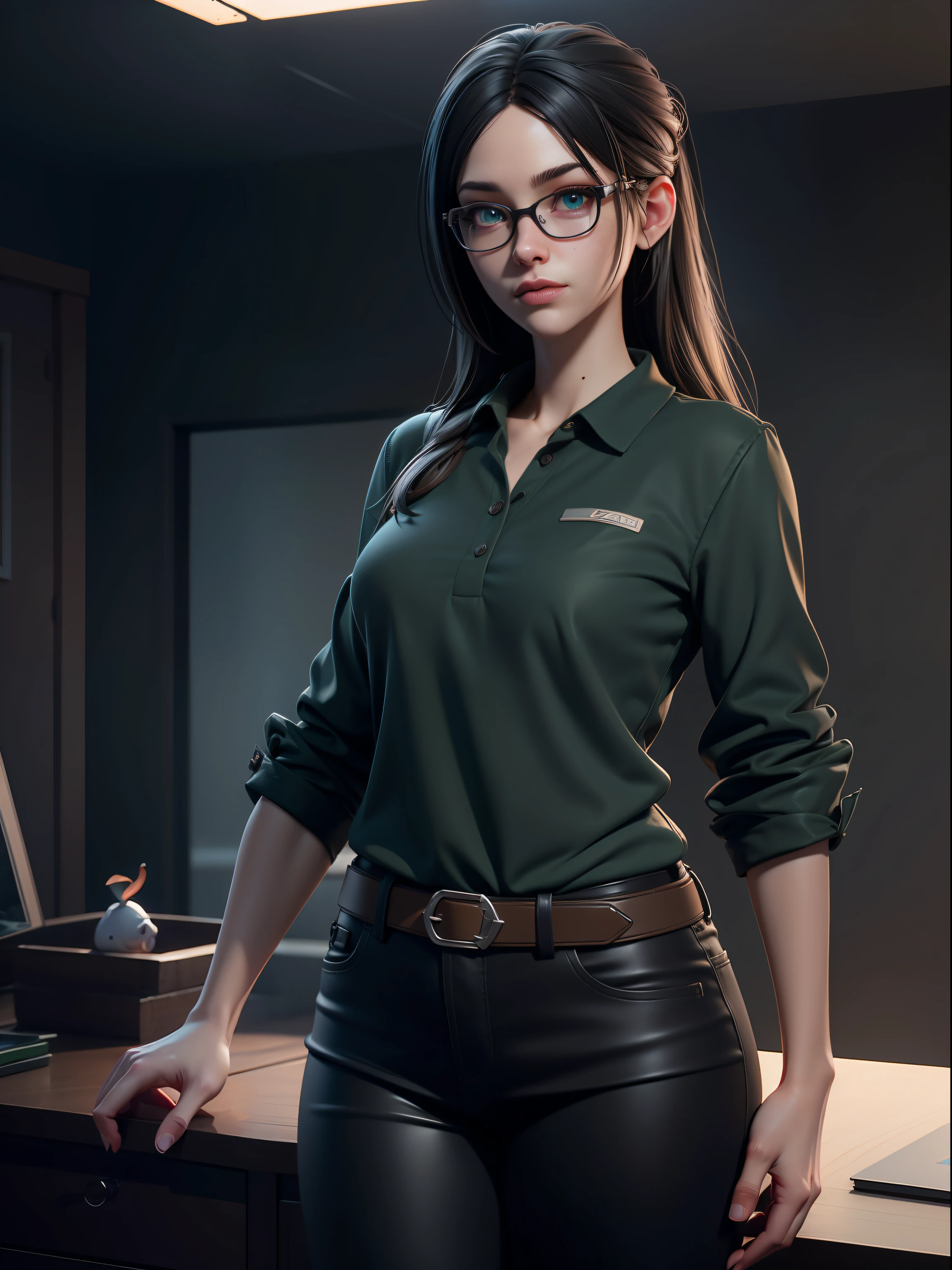 girl, short stature, skinny, green polo shirt, black pants, bedroom, daylight, bed, disheveled hair, black hair, long hair, blue eyes, freckles, glasses, pale skin, (bloom), Hyperdetailed, ArtStation, CGsociety, 8K, Surrealistic, Zbrush, Unreal Engine 5, Bright Colors, Greg Rutkowski, Darksynth, Weta Digital, Focus, Octane Rendering, Super Sharpness, Cinematic Light, High Quality, High Resolution, Smooth Color Manga Hayao Style, Photorealistic, High Detail , 8K , Trending Artstation, Octane Rendering, Cinematic Lighting, 3D Rendering, Vray Caustics, Volumetric Lighting, Dark Atmosphere, Somber Colors, Sense of Wonder, Concept Art, Unreal Engine 5 Rendering, Cinematic Center Shot, Hyper Realistic, Ultra Detailed;