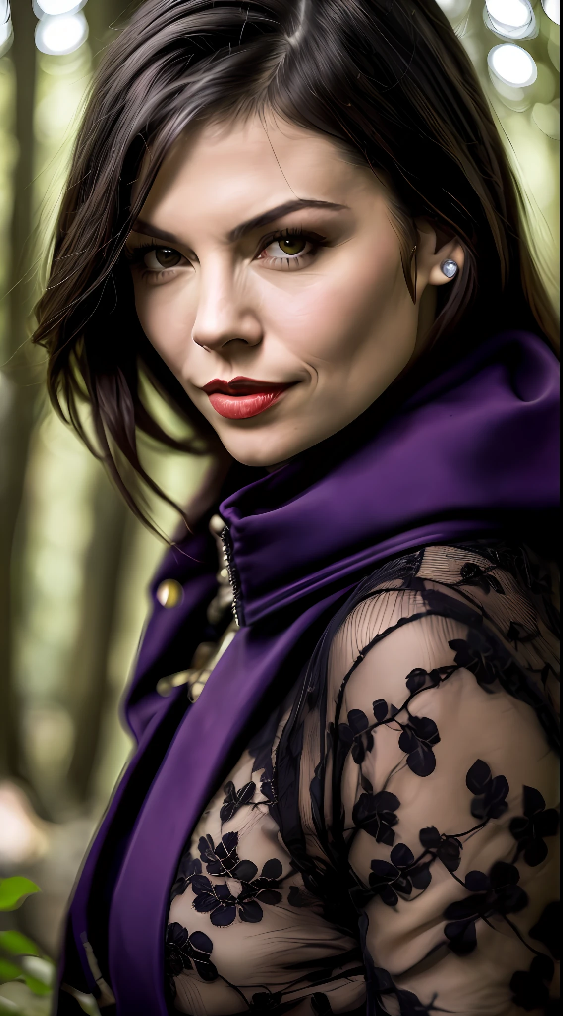 ((Mileena inspirada por Mortal Kombat 2)), (inspirada em Laura Prepon:1.2), (traje roxo:1.2), in a setting of a dark dark forest. estilo filme de terror, Auto retrato de rosto frontal, posing for camera,,lowangle, lente de 24 mm, (((foco nítido:1.5))), (((profundidade de nitidez:1.5))), (fotorrealista:1.5), (textura da pele:1), cinemactic, hiperdetalhado,