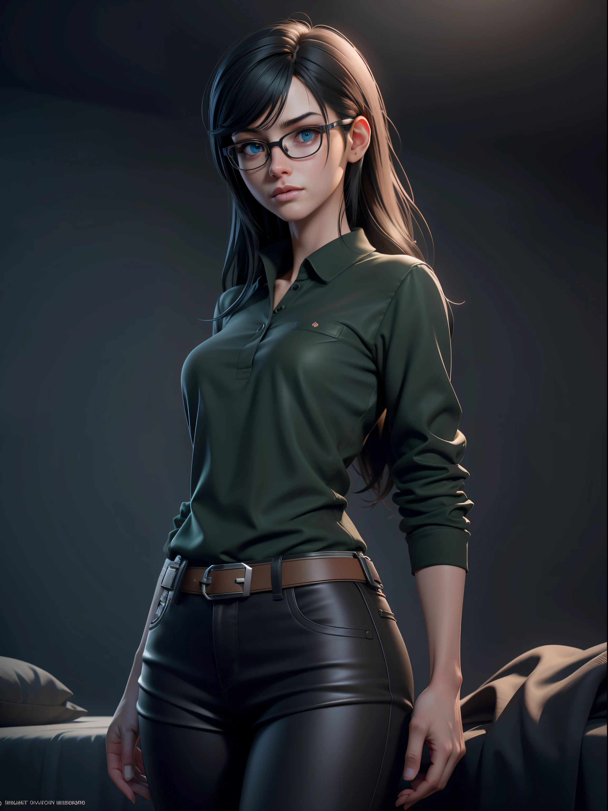girl, short stature, skinny, green polo shirt, black pants, bedroom, daylight, bed, disheveled hair, black hair, long hair, blue eyes, freckles, glasses, pale skin, (bloom), Hyperdetailed, ArtStation, CGsociety, 8K, Surrealistic, Zbrush, Unreal Engine 5, Bright Colors, Greg Rutkowski, Darksynth, Weta Digital, Focus, Octane Rendering, Super Sharpness, Cinematic Light, High Quality, High Resolution, Smooth Color Manga Hayao Style, Photorealistic, High Detail , 8K , Trending Artstation, Octane Rendering, Cinematic Lighting, 3D Rendering, Vray Caustics, Volumetric Lighting, Dark Atmosphere, Somber Colors, Sense of Wonder, Concept Art, Unreal Engine 5 Rendering, Cinematic Center Shot, Hyper Realistic, Ultra Detailed;