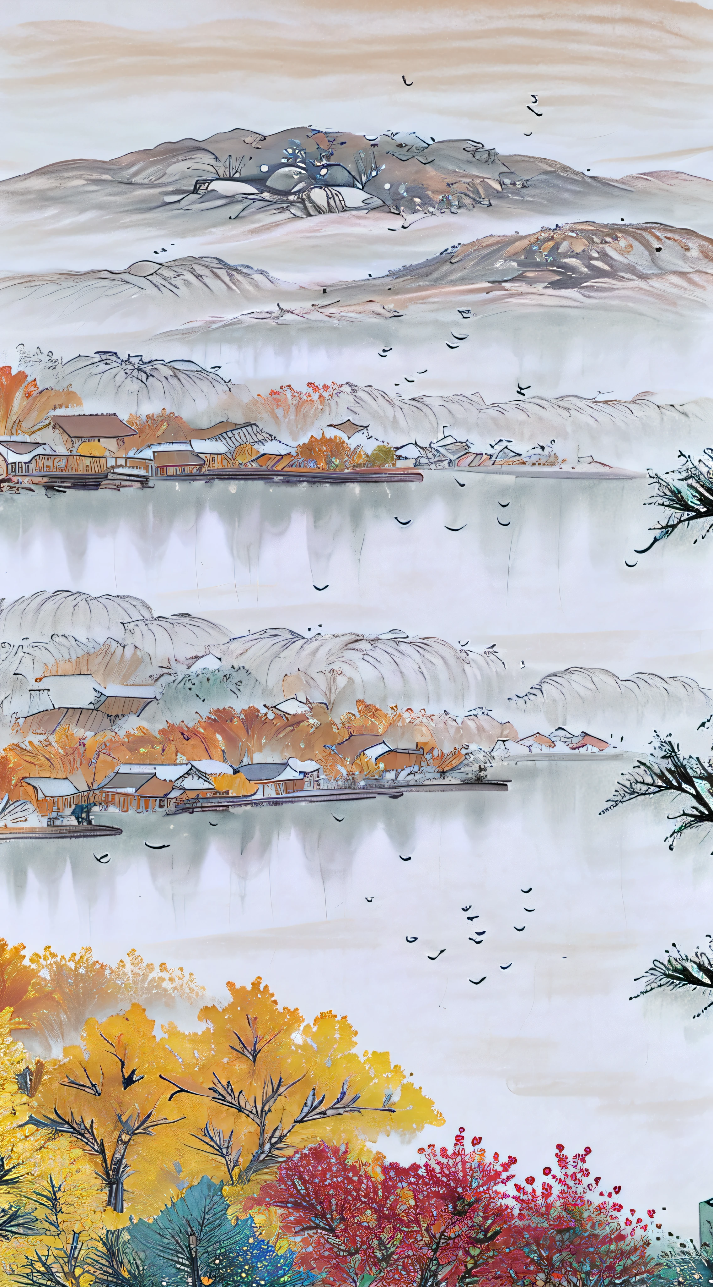 ((materpiece)), ((best quality)), ((high-res)), ((Ink wash)),  ((artist)), ((extremly details)), a chiniese tower, autumn, golden trees, autumn_leaves, birds chinese painting, leaf, maple_leaf, mountain, lake, mountainous_horizon, no_humans, outdoors, scenery, sky, sunset, tree, zulishisong_style_willow_tree, blurred distant scenery,