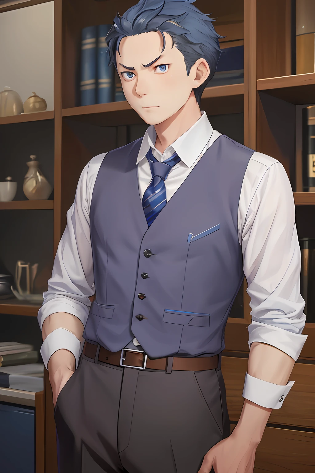 (1 Adult male),A high resolution, Sharp focus, Pixiv masterpiece, ((Complicated details)), highly detailed, natsuki_subaru, 1 man, The expression is serious,full bodyesbian, blue colored eyes(eyes glowing), blue short hair,white shirt,Wear a tie,Wear a belt,perspire,look from down