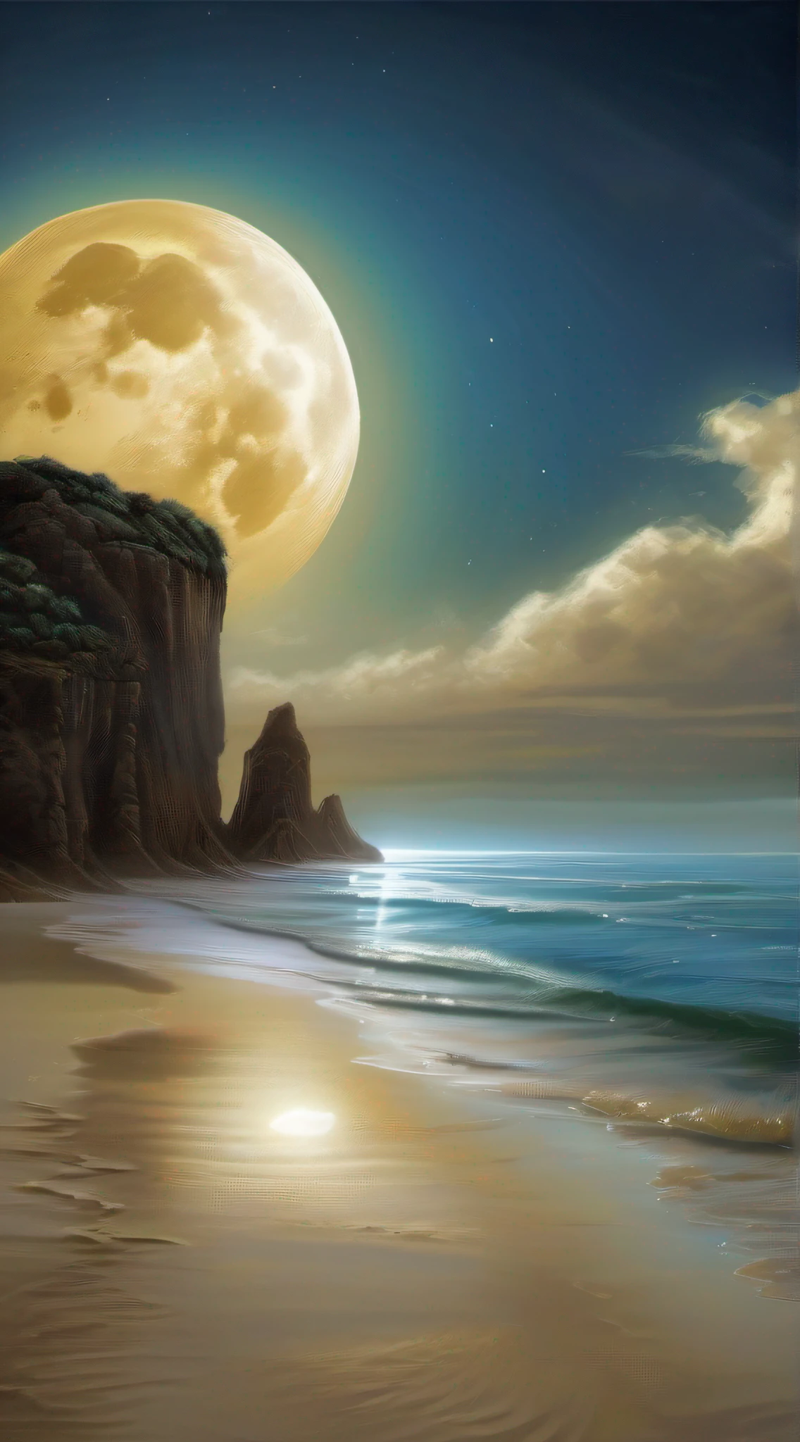 a painting of a beach with a golden full moon and some clouds, magical beach, sandy white moon landscape, surreal space, magnificent background, beautiful image already created, universe in a grain of sand, magical ocean blue drops, detailed dreamscape, moon shining golden light, beautiful breathtaking dreamer, in the astral plane ) ), stunning screensaver,  beautiful space, beautiful moonlight