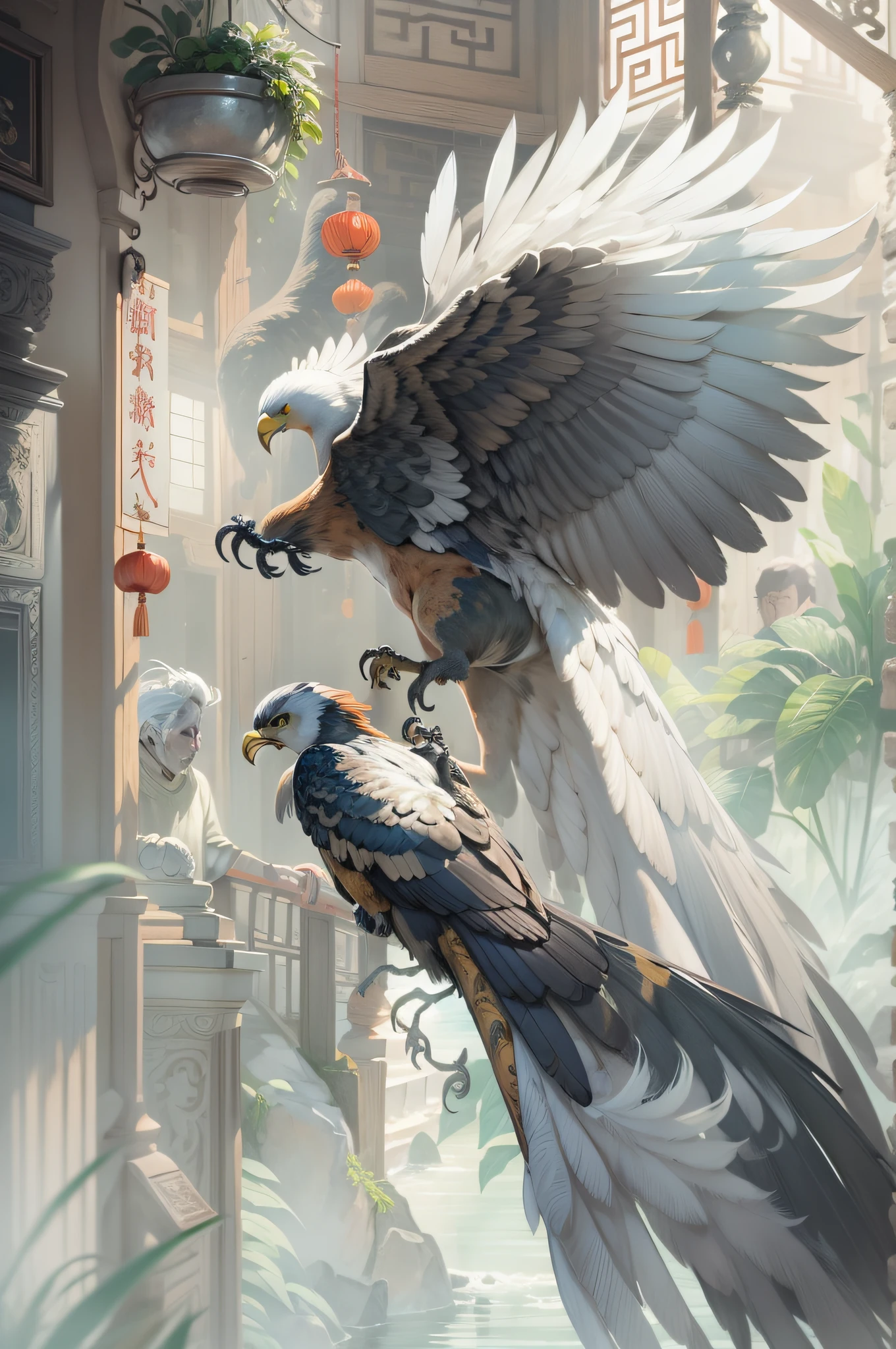 （Chinese ink painting style:1:2)（Full body shot），1boys，Handsome face，Bookish,Silver mask，Jasper on the forehead，A white hair naturally hangs down from the back of the head,Waves surround the background，Riding a white-feathered golden-crowned eagle，Cinematic lighting, Ray tracing, surrealism, Masterpiece, Best quality, A high resolution