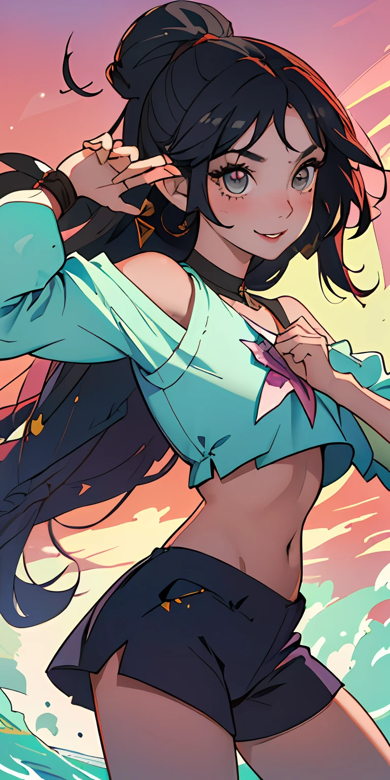 (melhor qualidade, obra-prima), 1girl, pose de pata, sorriso, rindo, oceano, crop top, shorts, ruivo, sardas, blush, olhando para o espectador, cabelo ondulado, nuvem, salpicando, ondas, sol, montanha, molhado