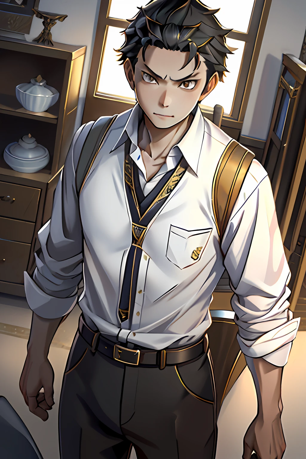 (1 Adult male),A high resolution, Sharp focus, Pixiv masterpiece, ((Complicated details)), highly detailed, natsuki_subaru, 1 man, with her mouth open,drools,full bodyesbian, Golden eyes(eyes glowing), with short golden hair,white shirt,Wear a tie,Wear a belt,perspire,look from down