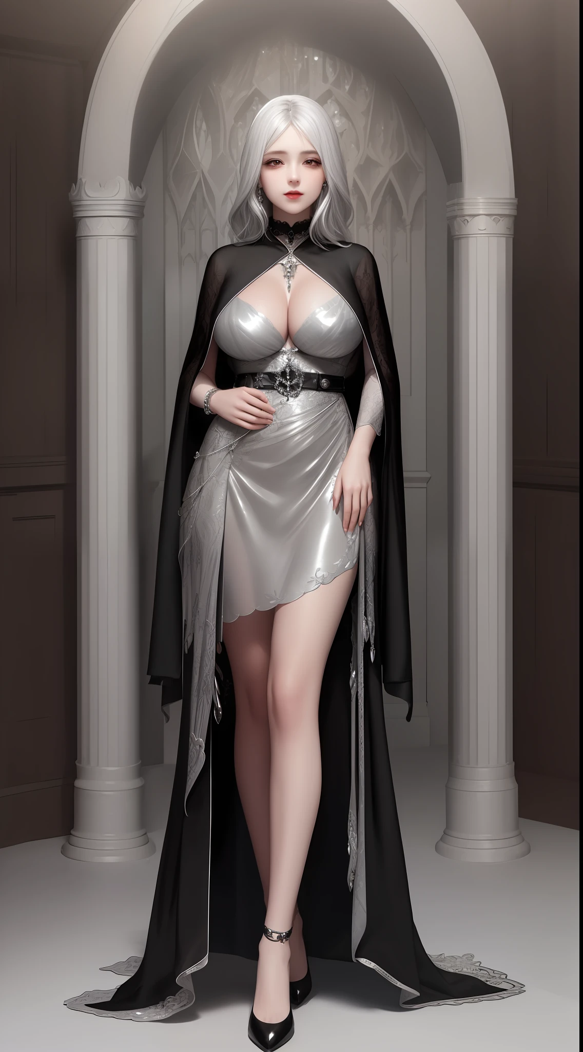 ultra detailed 8k cg, intricate detail, delicate patern, jewelry, gem, silver, silver theme, shiny, glint, sparkle, silver hair, silver cloak, silver eyes, rich, prestige, gothic architecture, big tits, full body,
