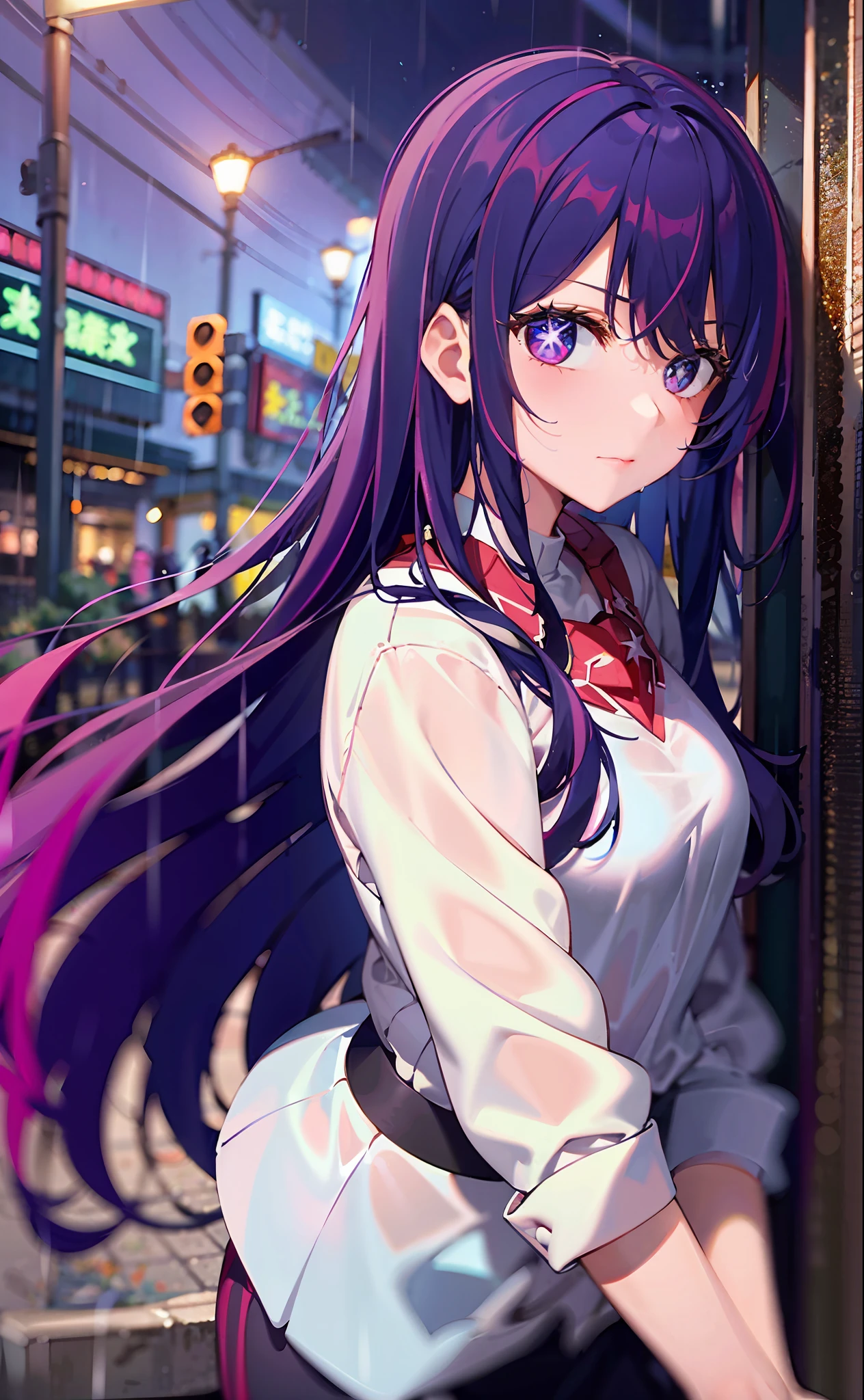 one-girl((There is a five-pointed star in the eye))A girl with long purple hair,very heavy rain,In the rain,Send courier,Courier,Courier staff service