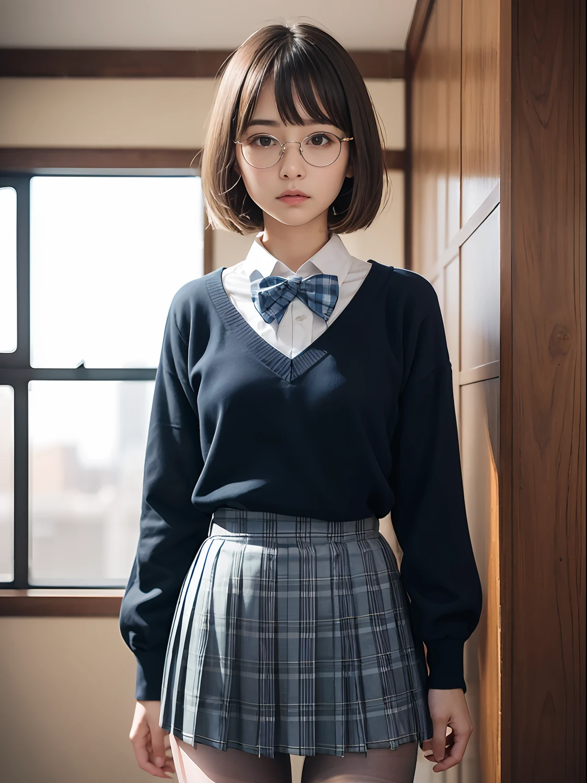 （8K、Raw photography、top-quality、​masterpiece：1.2),Pupils,Light Blue Bra,de pele branca,kne,(Black pantyhose),absurderes,a small face,small tits,flat breast,Parting the bangs from the middle、Forehead visible,(a cold expression<Tight eyes,glares,Bullish,skinny,Rasping,irate)、​masterpiece,top-quality、超A high resolution,Raw photo,ren,Beautiful fece,One Person, 独奏,eye glass,,Dark look,Small breasts,fullllbody,Round glasses、cute little、JK school uniform,hi-school girl,A Japanese Lady,is standing,（Photorealsitic：1.37）、Photon mapping,Light blue ribbon,Realistic、Cute little face,Brown-eyed、Black socks、(Red bow tie)、Radio City、Physically Based Rendering、Foreground、depth of fields、Blurry background、a picture,The girls、Body,beauty legs, Long legs, Thin leg,Long bob cut,(Bangs are visible), hair, s lips, Blue_The eye, nosesoft,(Light blue shirt), (Navy and blue and white plaid pleated skirt), Knees are visible,Sheer clothing,, Thigh, Black cotton socks,Nogizaka Idol, 女優, Japanese ido