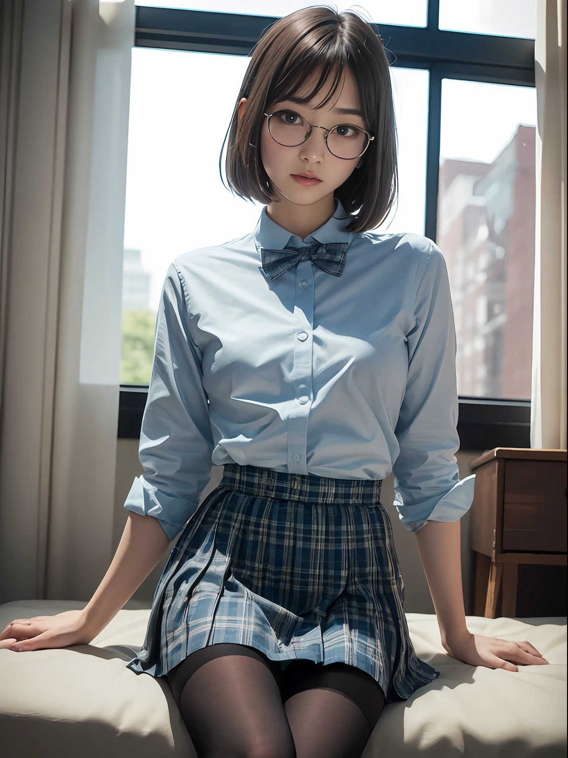(8K、Raw photography、top-quality、masterpiece:1.2),Pupils,Light Blue Bra,de pele branca,kne,(Black pantyhose),absurderes,a small face,small tits,flat breast,Parting the bangs from the middle、Forehead visible,(a cold expression<Tight eyes,glares,Bullish,skinny,Rasping,irate)、masterpiece,top-quality、超A high resolution,Raw photo,ren,Beautiful fece,One Person, 独奏,eye glass,,Dark look,Small breasts,fullllbody,Round glasses、cute little、JK school uniform,hi-school girl,A Japanese Lady,is standing,(Photorealsitic:1.37)、Photon mapping,Light blue ribbon,Realistic、Cute little face,Brown-eyed、Black socks、(Red bow tie)、Radio City、Physically Based Rendering、Foreground、depth of fields、Blurry background、a picture,The girls、Body,beauty legs, Long legs, Thin leg,Long bob cut,(Bangs are visible), hair, s lips, Blue_The eye, nosesoft,(Light blue shirt), (Navy and blue and white plaid pleated skirt), Knees are visible,Sheer clothing,, Thigh, Black cotton socks,Nogizaka Idol, 女優, Japanese ido