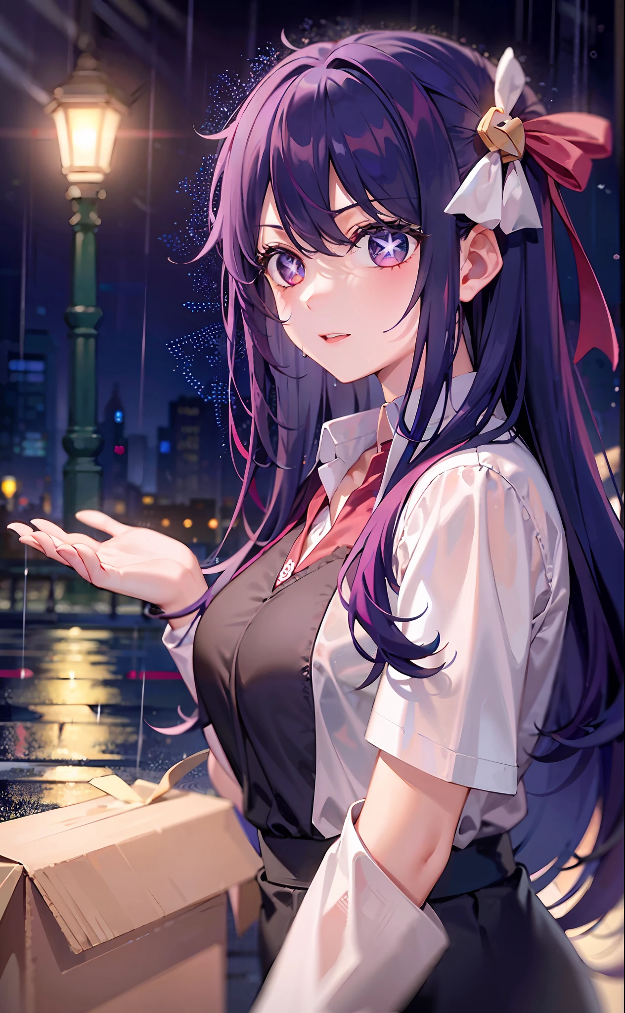 one-girl((There is a five-pointed star in the eye))A girl with long purple hair,very heavy rain,In the rain,Send courier,Courier,Courier staff service