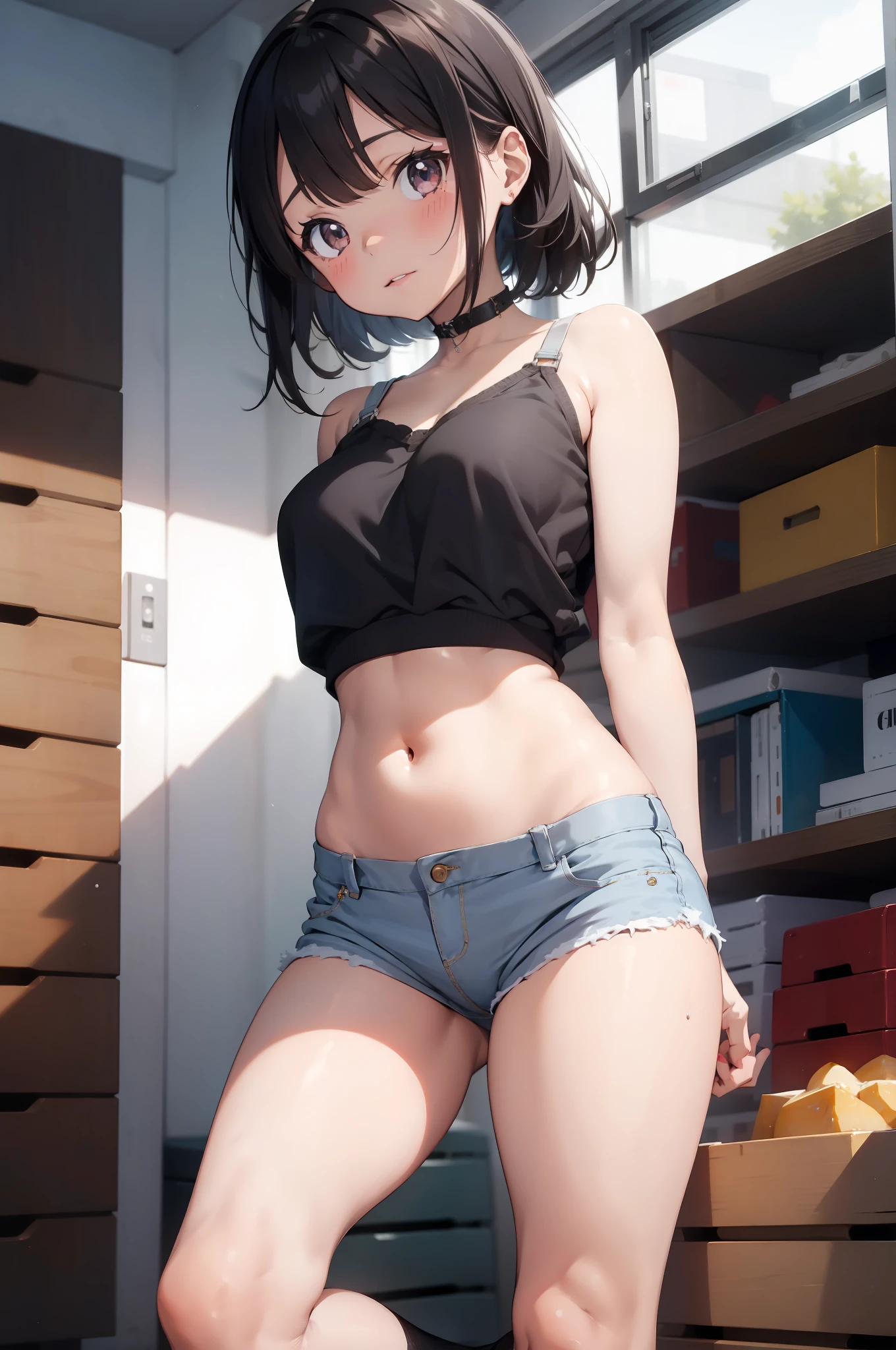 young pretty gravure Idol, leg shot, navel, blush, bra