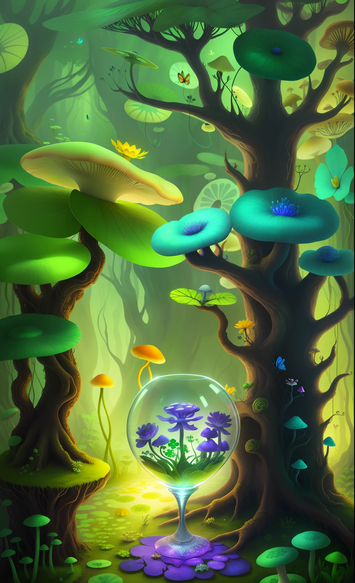 "Mushroom forest with glass goblet，s fractal art，rios，crystal，morning glory，butterflys，Various insects，tropical fishes，rosette，lotuses，four-leaf clover，morning glory，peach blossom，Cyber Mushroom Forest，Ultra-detailed digital fantasy art。Mushrooms are everywhere in the picture，The unique mushroom shape creates a magical casa scene。"