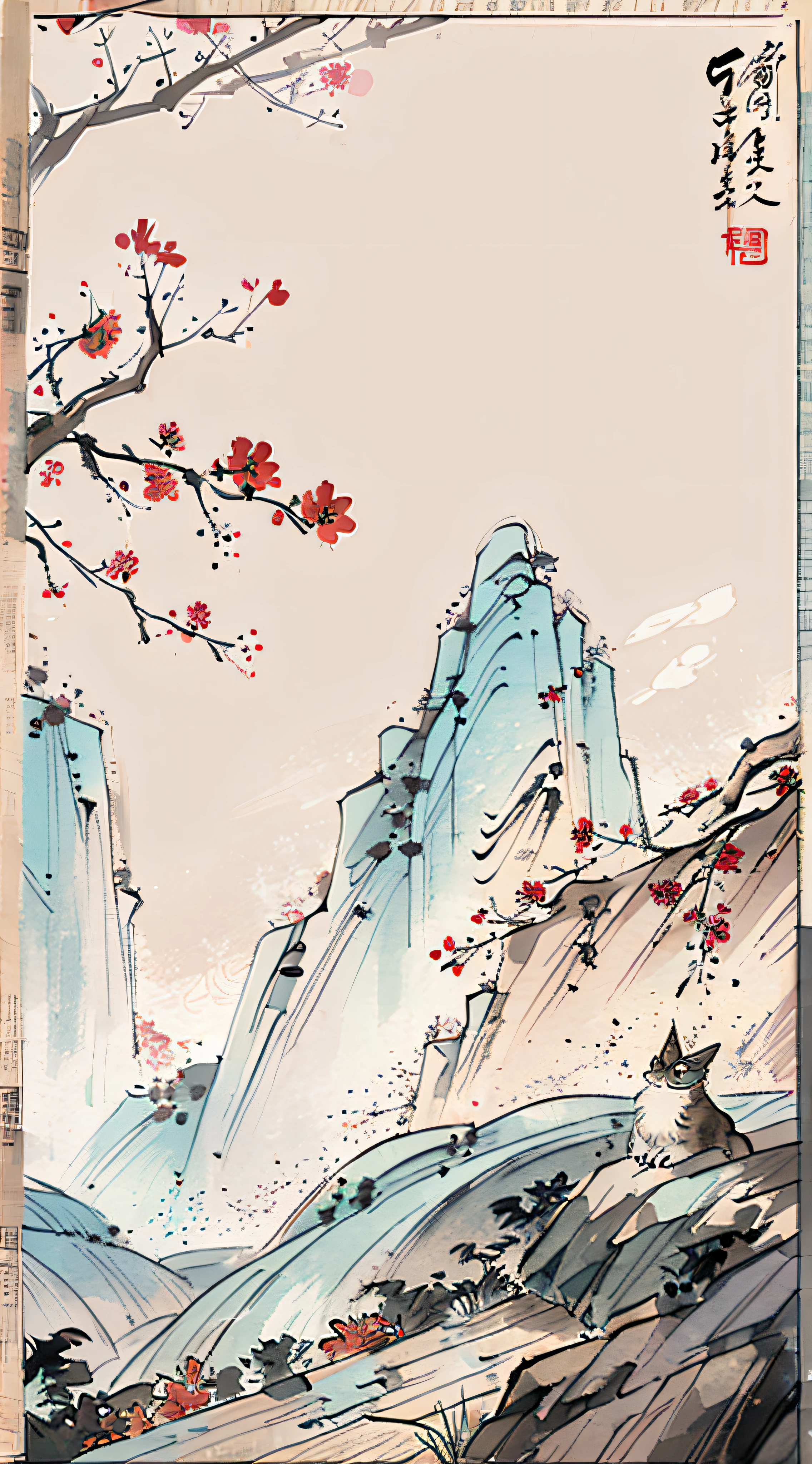 (tmasterpiece,best qualtiy:1.2),(No_Humans),mountain in the distance,Tradition Chinese Ink Painting,
there is a cat sitting on the ground next to a wall, a digital painting inspired by Chen Hongshou, trending on polycount, realism, red wall, background depicting a temple, detailed scenery —width 672, random background scene, museum background, temple background, flying leaves on backround, october, a hyper realistic, in forbidden city rainning