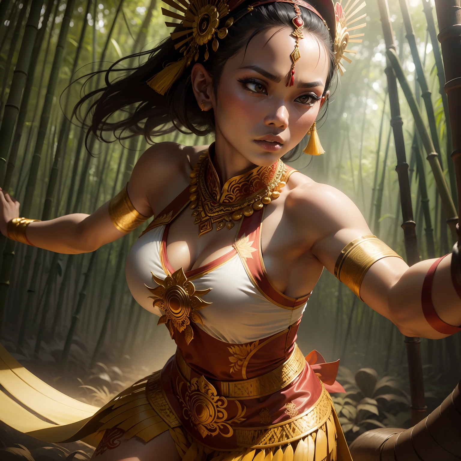 A Dramatic Javanese traditional dancer who dance in the middle of a bamboo forest wearing traditional Javanese clothing, cinematic, extreem realistic, extreem detailed, extreem Sharp, middle close-up shot