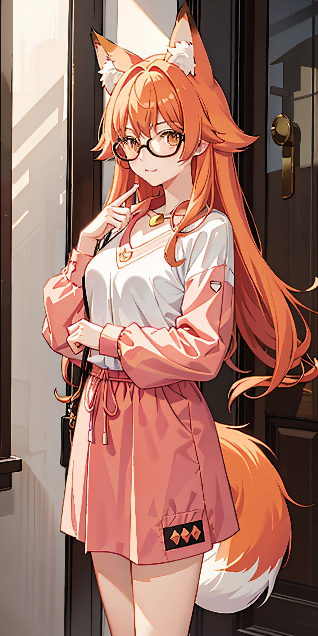 tmasterpiece,best qualtiy),fox ear,Pink shirt,Medium long orange hair,Anime moe art style,Wear glasses,Orange eyes,adolable,Push glasses with your index finger,One tail,Fluffy tail,White tail tip,Poor chest,Cute anime girl, Anime moe art style,Leaning against the side of the door frame