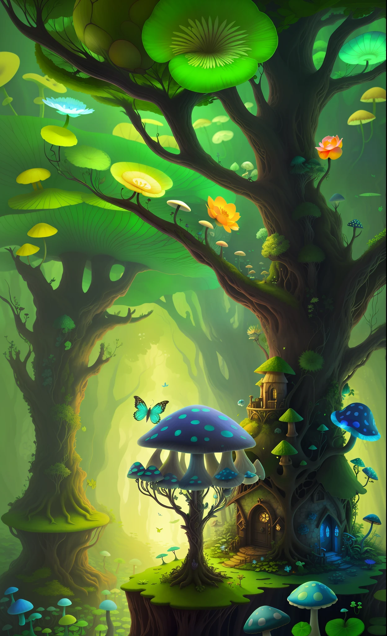 "Mushroom forest with glass goblet,s fractal art,rios,crystal,morning glory,butterflys,Various insects,tropical fishes,rosette,lotuses,four-leaf clover,morning glory,peach blossom,Cyber Mushroom Forest,Ultra-detailed digital fantasy art。Mushrooms are everywhere in the picture,The unique mushroom shape creates a magical casa scene。"