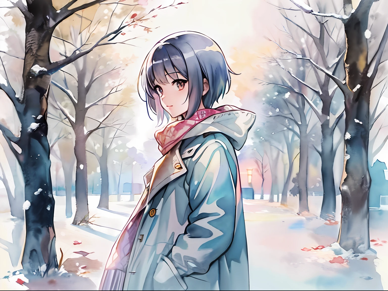 (highres, best quality:1.2), radiance, soft contours, beautiful drawing, upper body, concept art, detailed background, bright colors,
1girl, (8k, best quality, masterpiece:1.2),(best quality:1.0), (ultra highres:1.0), watercolor, 1girl, kyoani haruhi style, Nagato Yuki, short hair, snow, by agnes cecile, half body portrait, extremely luminous bright design, pastel colors, (ink:1.3), cold winter lights, traditional media, watercolor \(medium), watercolor background