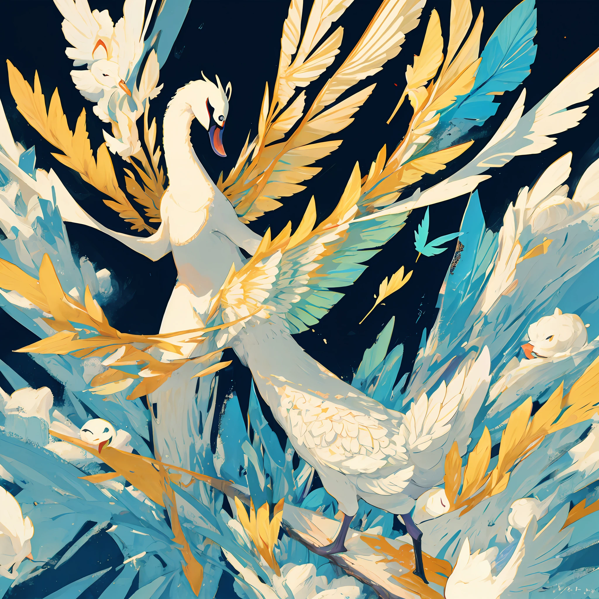 swan、Spreading wings、black backgrounds、non-human、illustratio
