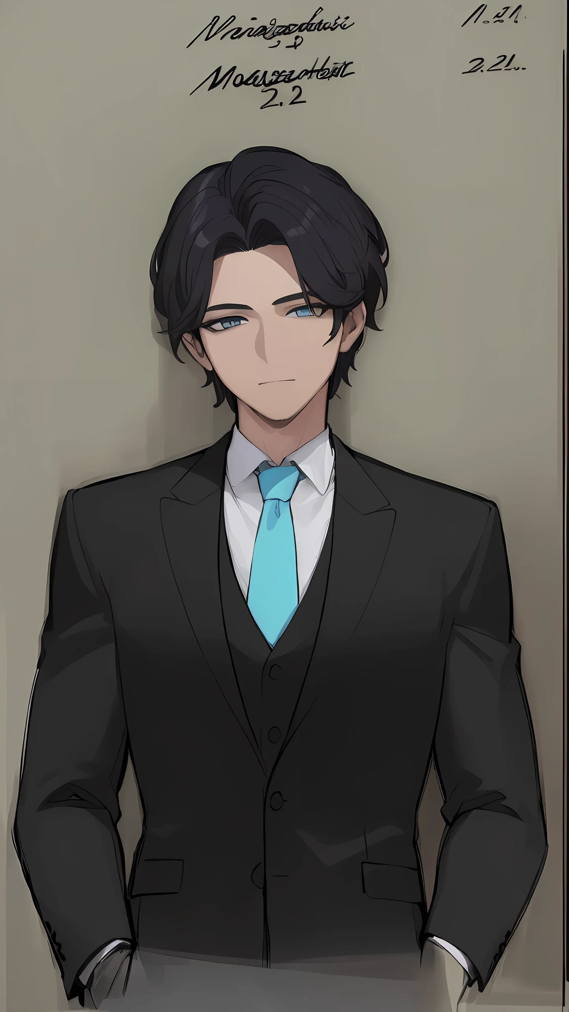 ((Masterpiece))), (((Best Quality))), ((Ultra-detailed)), (very detailed illustration), cinematiclight,, 1 guy ((Character Sheet)), (Concept art), ((full - body)), (Masterpiece: 1.2), (Best Quality: 1.3), 1 guy standing Guy in a formal suit . Dark hair, blue eyes