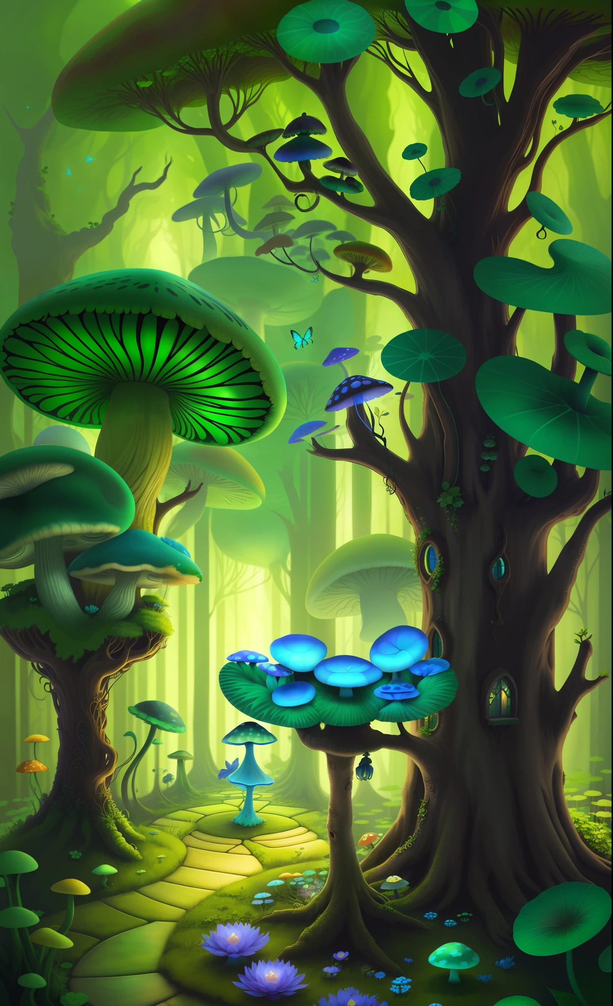 "Mushroom forest with glass goblet，s fractal art，rios，crystal，morning glory，butterflys，Various insects，tropical fishes，rosette，lotuses，four-leaf clover，morning glory，peach blossom，Cyber Mushroom Forest，Ultra-detailed digital fantasy art。Mushrooms are everywhere in the picture，The unique mushroom shape creates a magical casa scene。"