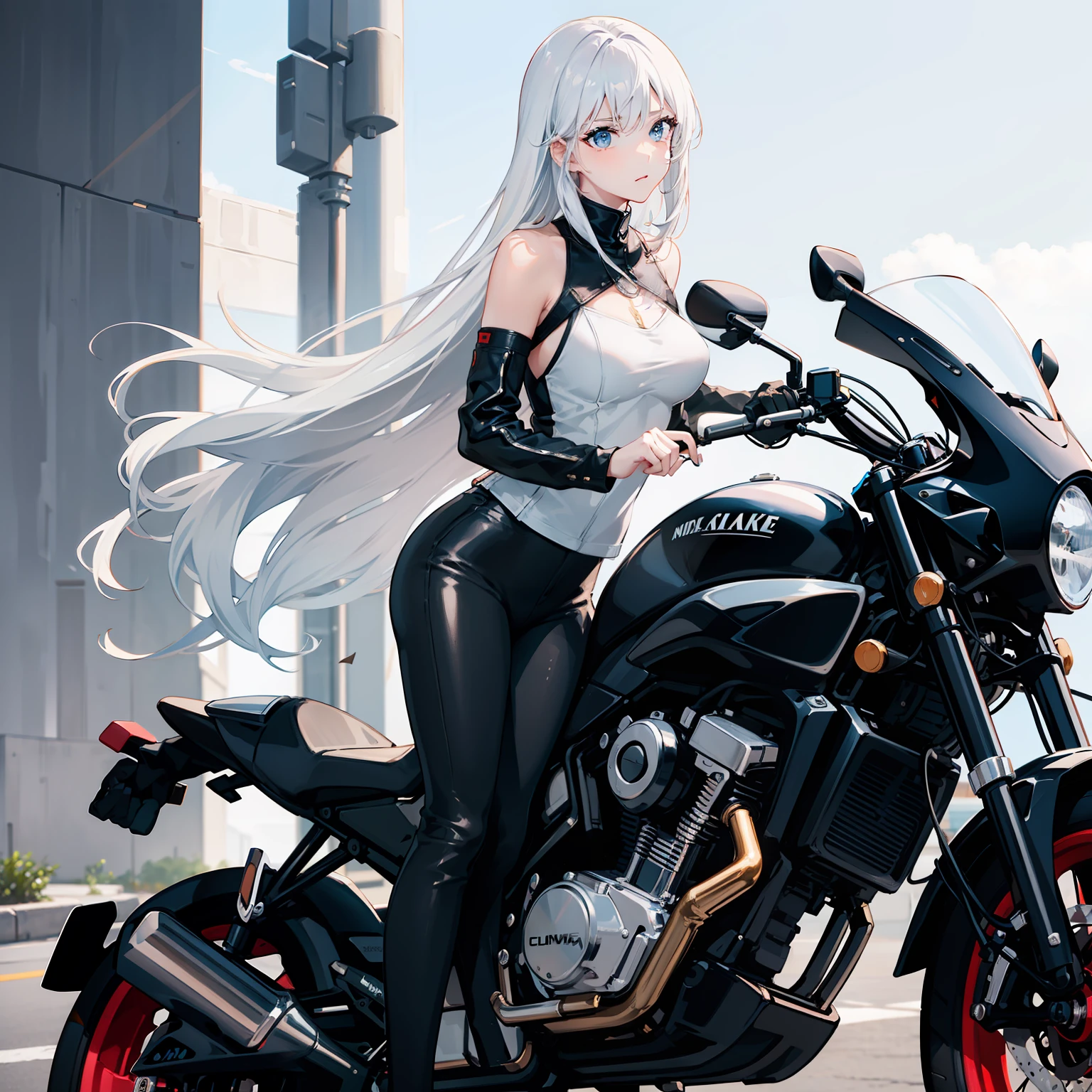 1 woman, beautiful face, cool vibes, white shoulder length hair, wear a motorcycle leather jacket, black pants