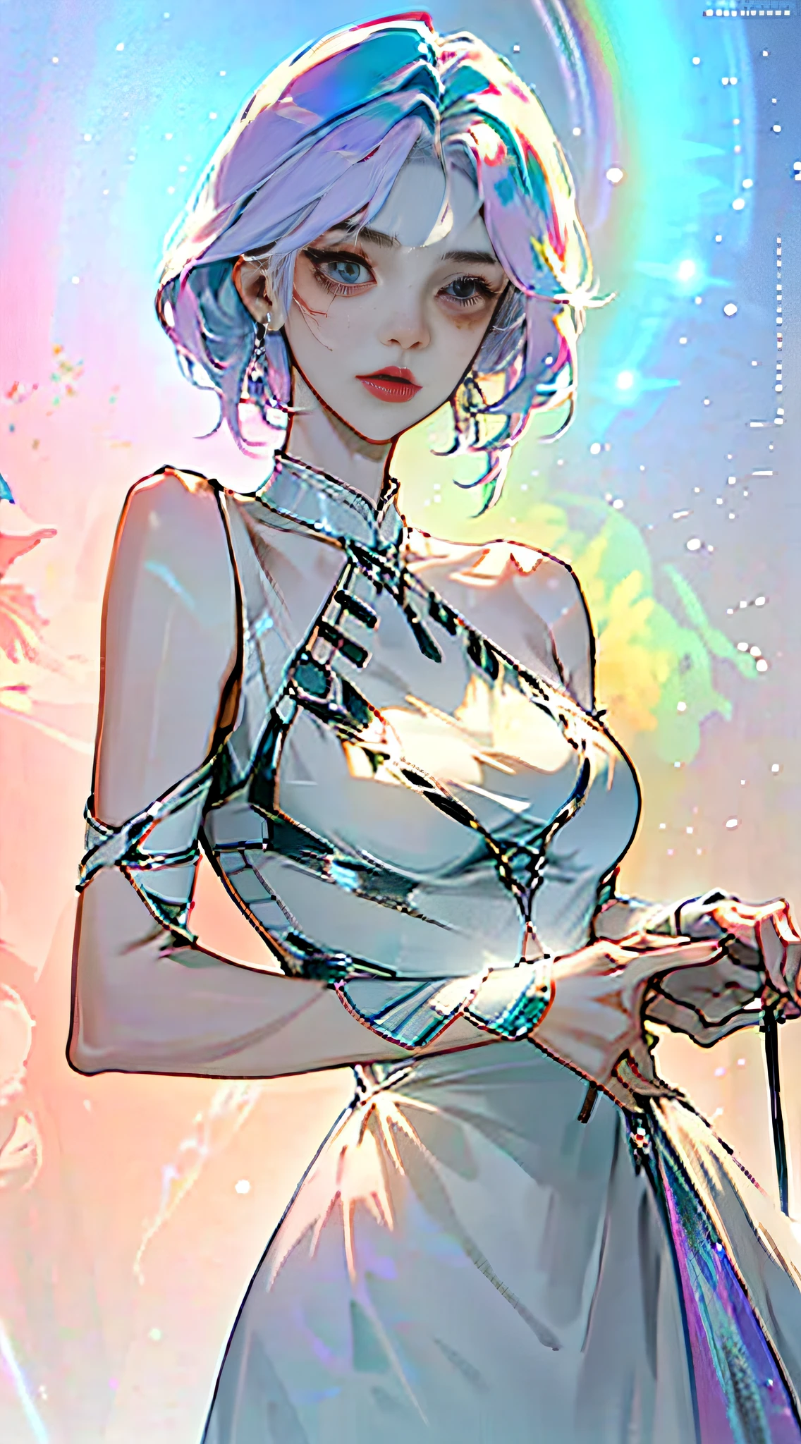 {An extremely delicate and beautiful girl}, CG 8K wallpaper, Masterpiece, Cold expression, Handsome, Medium breasts dinner body,  Fashion dress,  Rainbow hair, With gray eyes, Beautiful detailed eyes {{Black crosshairpin}}, Handsome,hair glowing,Dramatic angle,Earrings,