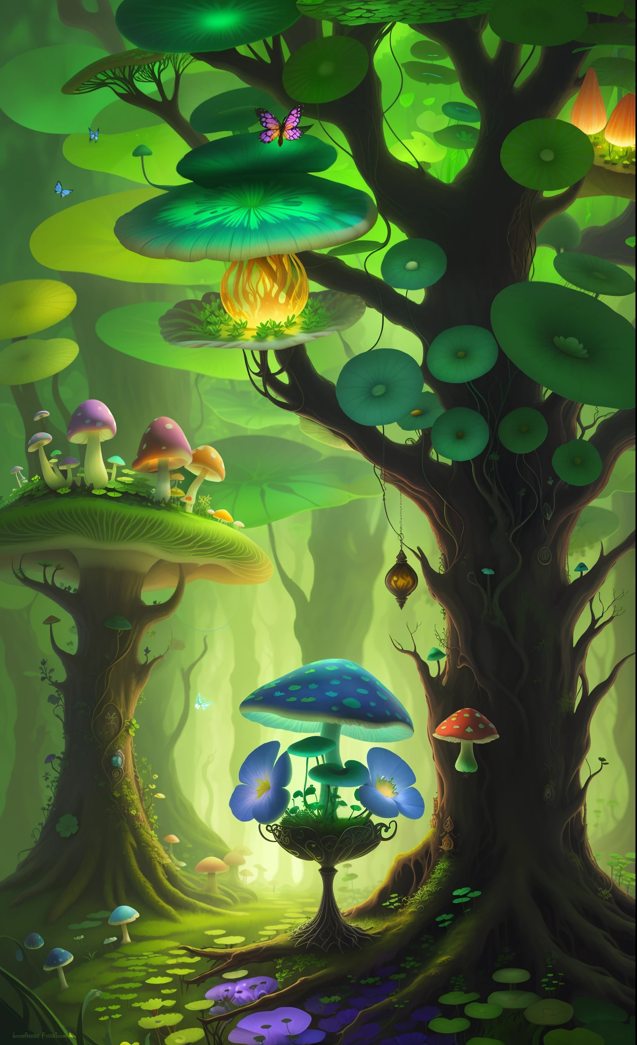 "Mushroom forest with glass goblet，s fractal art，rios，crystal，morning glory，butterflys，Various insects，tropical fishes，rosette，lotuses，four-leaf clover，morning glory，peach blossom，Cyber Mushroom Forest，Ultra-detailed digital fantasy art。Mushrooms are everywhere in the picture，The unique mushroom shape creates a magical casa scene。"