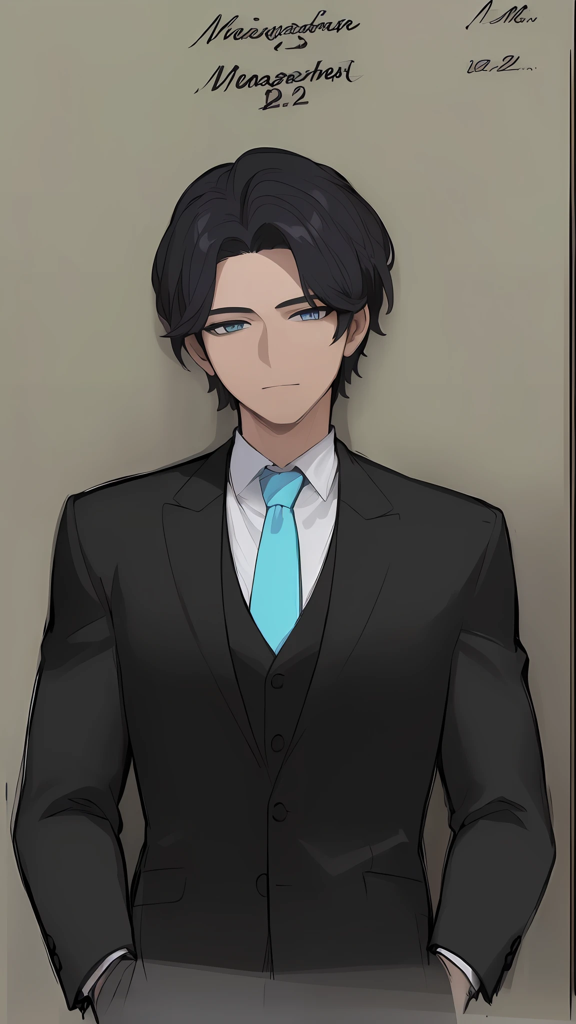 ((Masterpiece))), (((Best Quality))), ((Ultra-detailed)), (very detailed illustration), cinematiclight,, 1 guy  ((Character Sheet)), (Concept art), ((full - body)), (Masterpiece: 1.2), (Best Quality: 1.3), 1 guy standing Guy in a formal suit . Dark hair, blue eyes