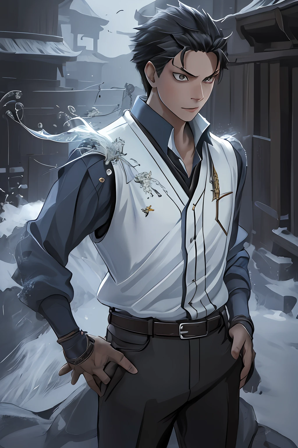 （1 Adult male），A high resolution， Sharp focus， Pixiv masterpiece， （（Complicated details））， highly  detailed， natsuki_subaru， 1 man， with her mouth open，drools，full bodyesbian， Golden eyes（eyes glowing）， with short golden hair，white  shirt，Wear a tie，Wear a belt，perspire，look from down