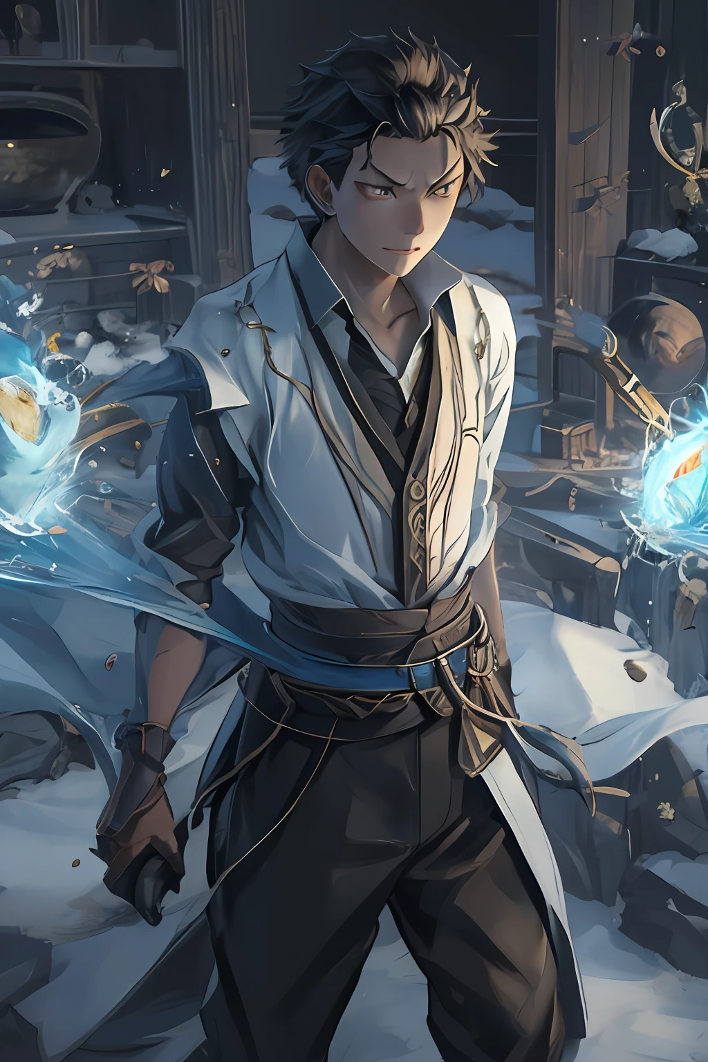 (1 Adult male),A high resolution, Sharp focus, Pixiv masterpiece, ((Complicated details)), highly detailed, natsuki_subaru, 1 man, with her mouth open,drools,full bodyesbian, Golden eyes(eyes glowing), with short golden hair,white shirt,Wear a tie,Wear a belt,perspire,look from down
