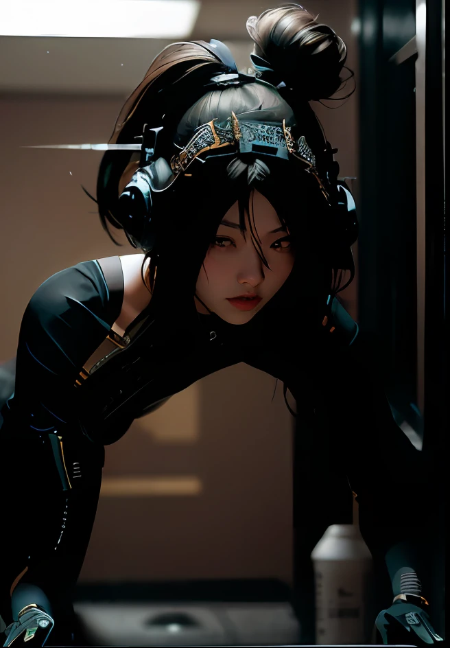 ((best qualtiy)), ((tmasterpiece)), (the detail:1.4), 3D, （A beautiful cyberpunk female image：1.5）,hdr（HighDynamicRange）,Ray traching,NVIDIA RTX,Hyper-Resolution,Unreal 5,Subsurface scattering、PBR Texture、post-proces、Anisotropy Filtering、depth of fields、maximum definition and sharpness、Many-Layer Textures、Albedo e mapas Speculares、Surface coloring、Accurate simulation of light-material interactions、perfectly proportions、rendering by octane、Two-colored light、largeaperture、Low ISO、White balance、the rule of thirds、8K raw data、(RAW photo, Best quality), (Realistic, photo-realistic:1.3), Best quality, Highly detailed, Masterpiece, Ultra-detailed, illustration, 1girll, The upper part of the body_Body, Dynamic Angle, world mastery theater, Messy_Long_Hair,Best quality, extremely detailed CG unity 8k壁纸，ink，astounding，电影灯光，lens_flare，dunhuang_Style