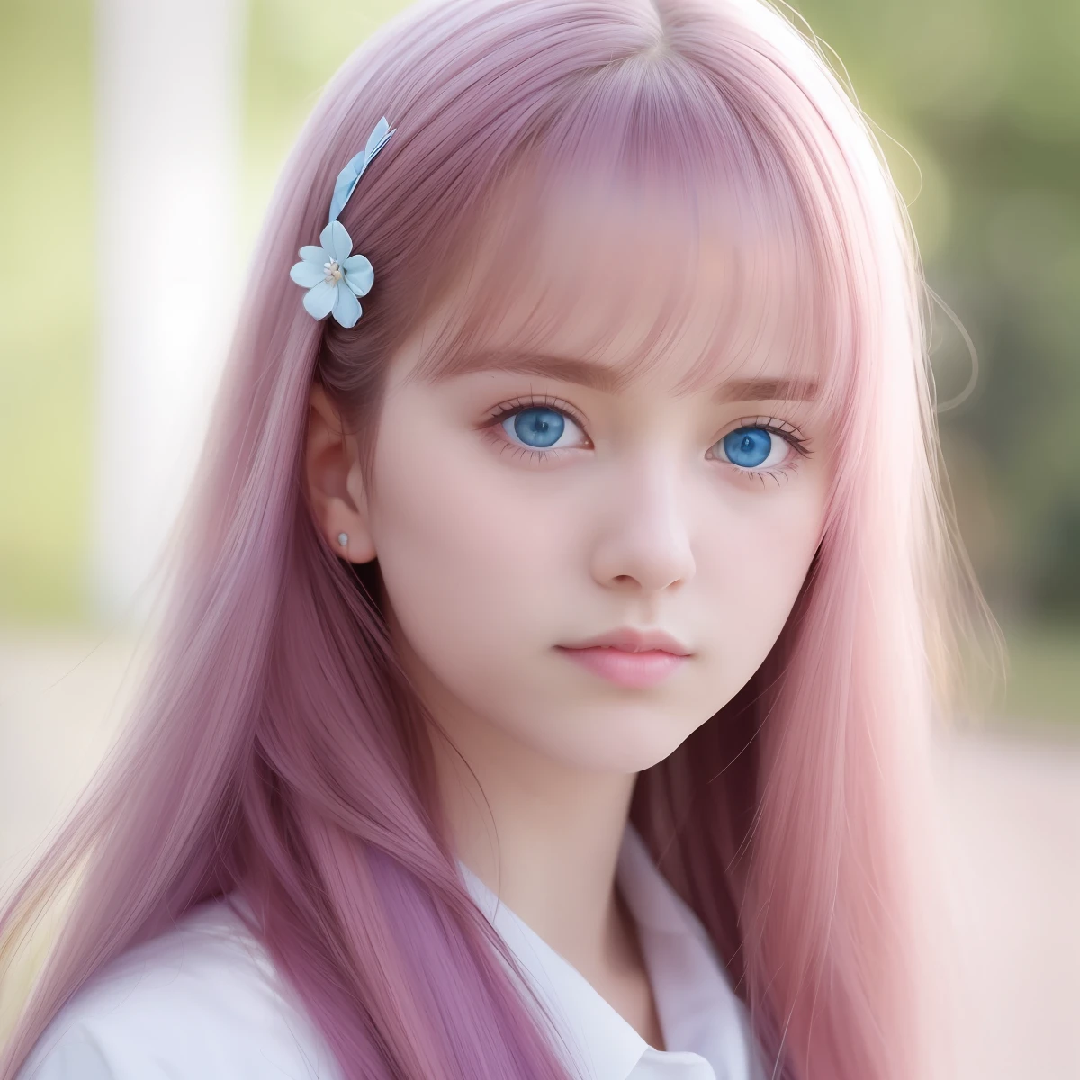 (8K, RAW Photo, Best Quality, Masterpiece: 1.2), (Realistic, Photorealistic: 1.37), Best Quality, Ultra High Resolution, Photon Mapping, Radiosity, Physically Based Rendering, Blur, Foreground, Depth of Field, Blurred Background, Photo_\ (Medium), Motion Blur, (pink__ (Hair), One Girl, Long Hair, Hair Ornament, Lips, Hair Clip, Solo, Blue Eyes, Nose