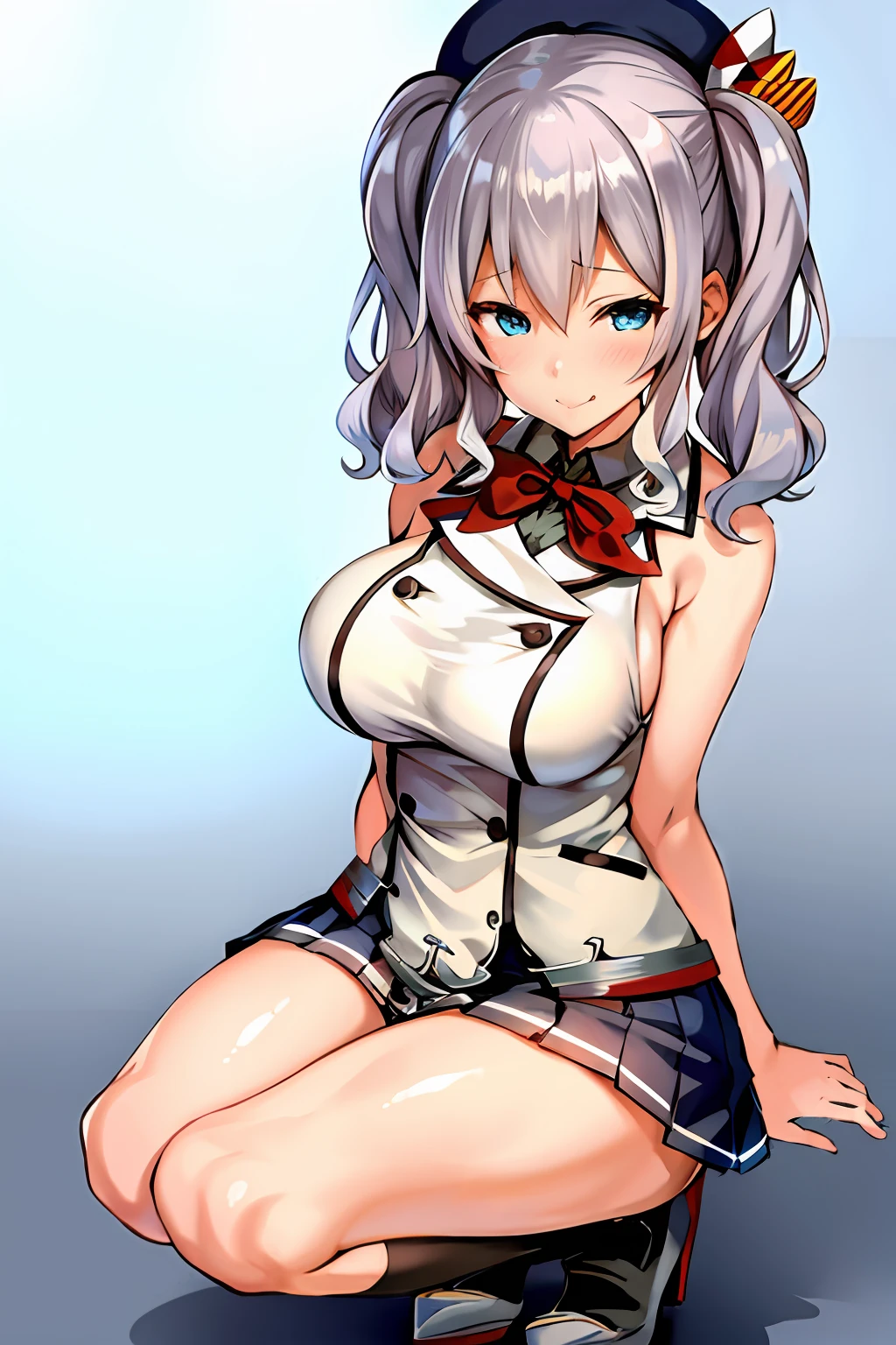 1girl in、独奏、​masterpiece、top-quality、Kashima OG、kashima\(kancolle\)、white  hair、blue eyess、hair wavy、Twin-tailed、tsurime eyes、beret、A smile、embarrassed from、red blush、Colossal tits、Black enamel、Bodysuits、highleg、Black High Socks、Brown loafers、Squat on the floor、Open your crotch wide from side to side、Opening legs、Show your crotch to the camera、stares at the camera、Arms behind your head、Show off your armpits、Grasp a transparent rod like male genitalia with your finger、Open your mouth wide、Entwining your tongue with a transparent rod like male genitalia、ship deck、