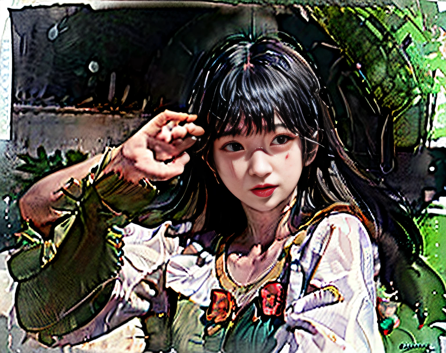 (masterpiece, best quality, beautiful portrait:1.4) of a stunning 25yo chinese 1girl, (upper body view:1.6), seductive pose, breasts, armpits focus, solo, long black hair, bare shoulders, perfect face, perfect eyes, insanely beautiful face, happy smile, hanfu, looking at viewer, chinese village and lake in background, colorful watercolor anime, highly detailed, ultra realistic, deep field of depth, (sharp focus:1.6), insanely intricate, 8k