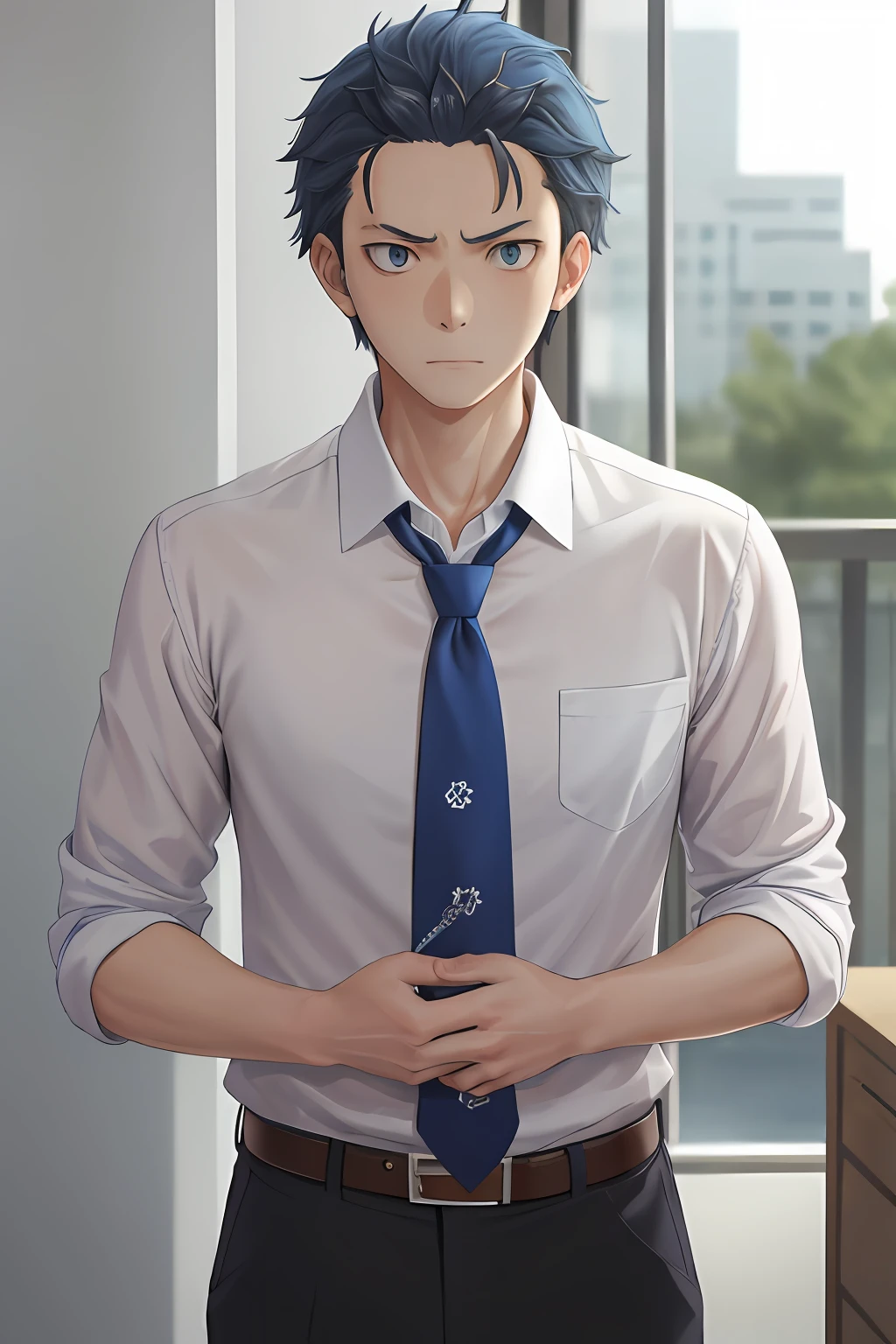 (1 Adult male),A high resolution, Sharp focus, Pixiv masterpiece, ((Complicated details)), highly detailed, natsuki_subaru, 1 man, The expression is serious,full bodyesbian, blue colored eyes(eyes glowing), blue short hair,white shirt,Wear a tie,Wear a belt,perspire,look from down