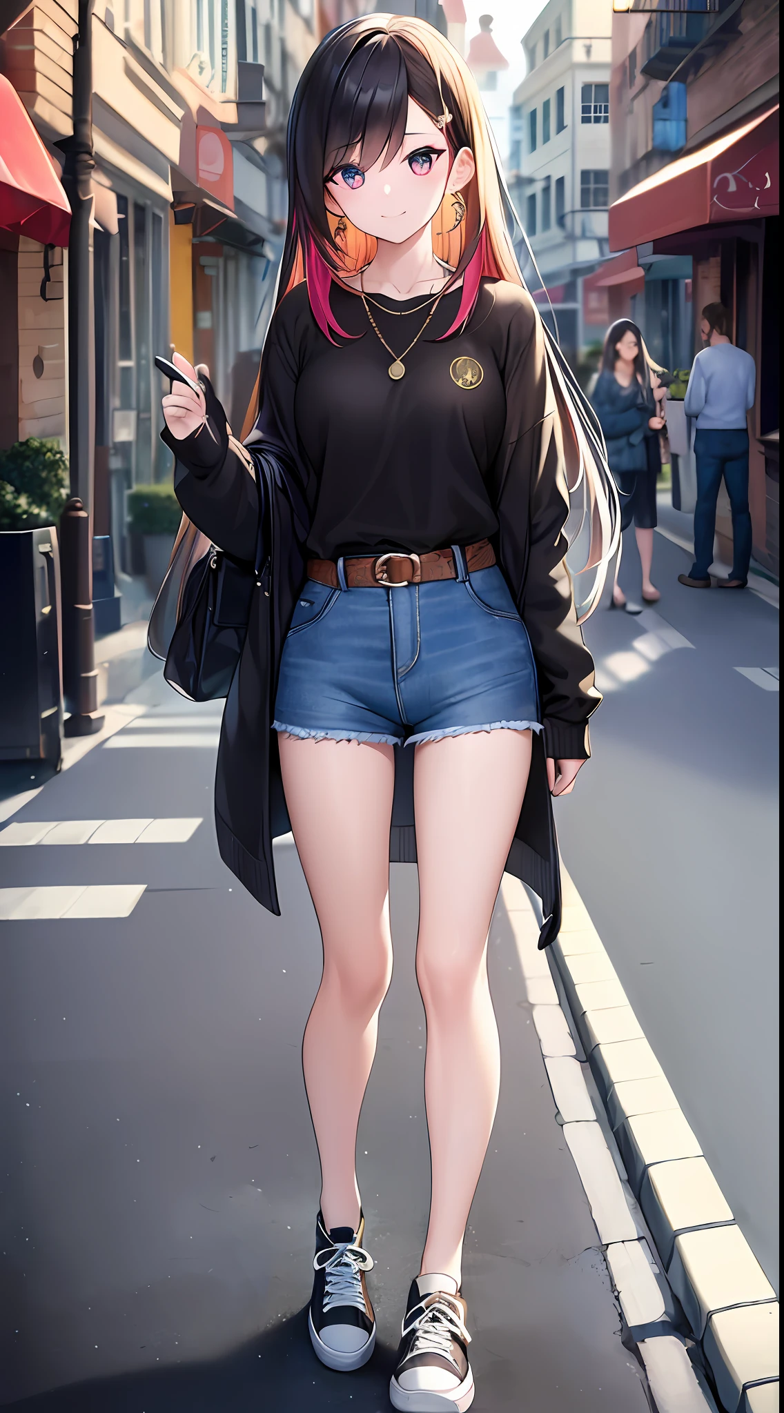 (masterpiece), best quality, (expressive eyes), perfect face, multicolored hair, many line in hair, long straight hair, enigmatic eyes, smirk, earings, pendant, wink, ((detailed pupils)), (bright eyes: 1.3), short body, lylac shirt, cardigan, sneaker shoes, cute bag, long jeans pant, cute belt, contrapposto,
(Street: 0.2), sunny day, outdoor, cozy, bokeh, HDR, UHDR, 4K, 8K, 64K, ((highly detailed)), sunray