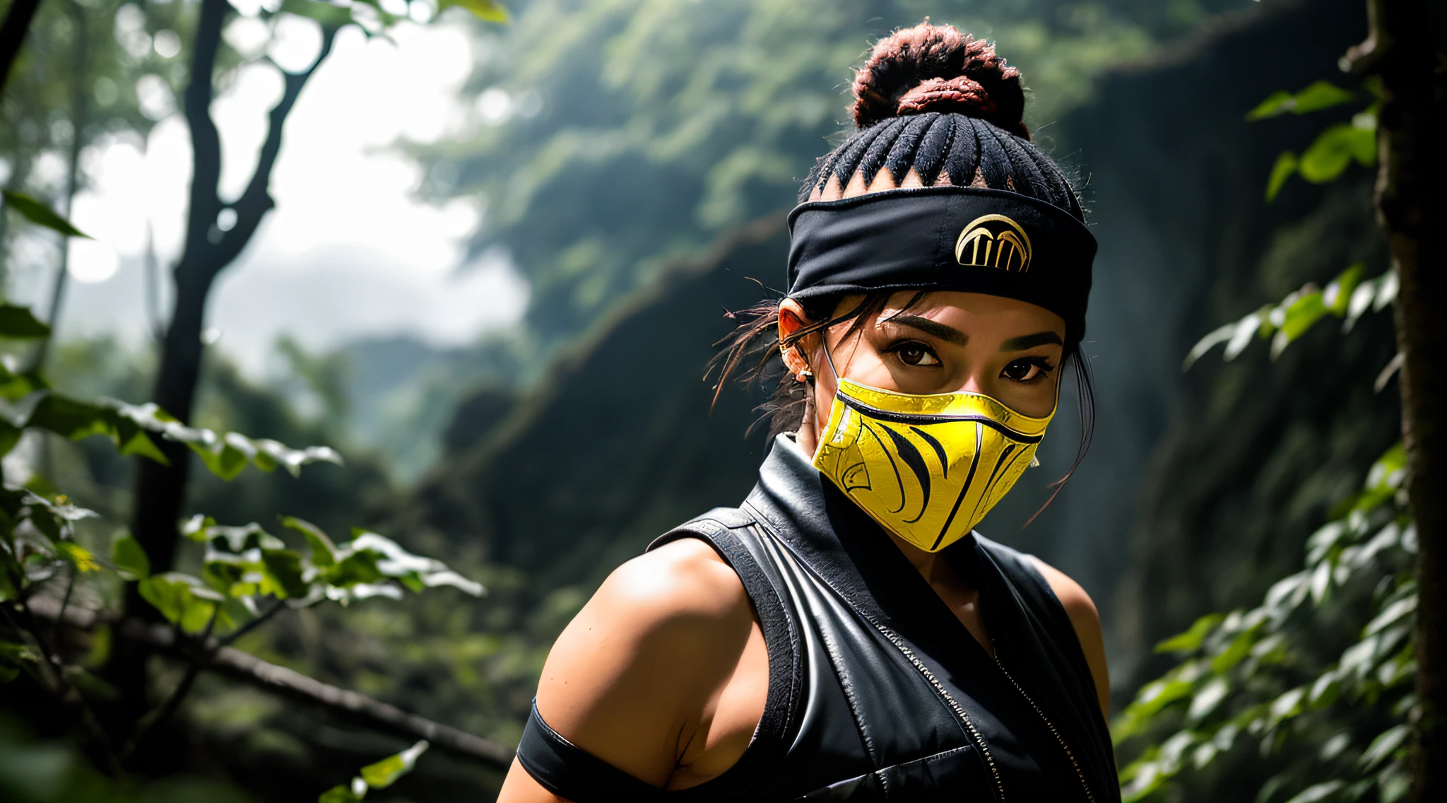 ((Jade inspirada em Mortal Kombat 2)), (inspirada em Tati Gabrielle:1.2), in a fighting scenario with horror movie background, foto de corpo inteiro, posing for camera, lowangle, lente de 24 mm, (((foco nítido:1.5))), (((profundidade de nitidez:1.5))), (fotorrealista:1.5), (textura da pele:1), cinemactic, hiperdetalhado,