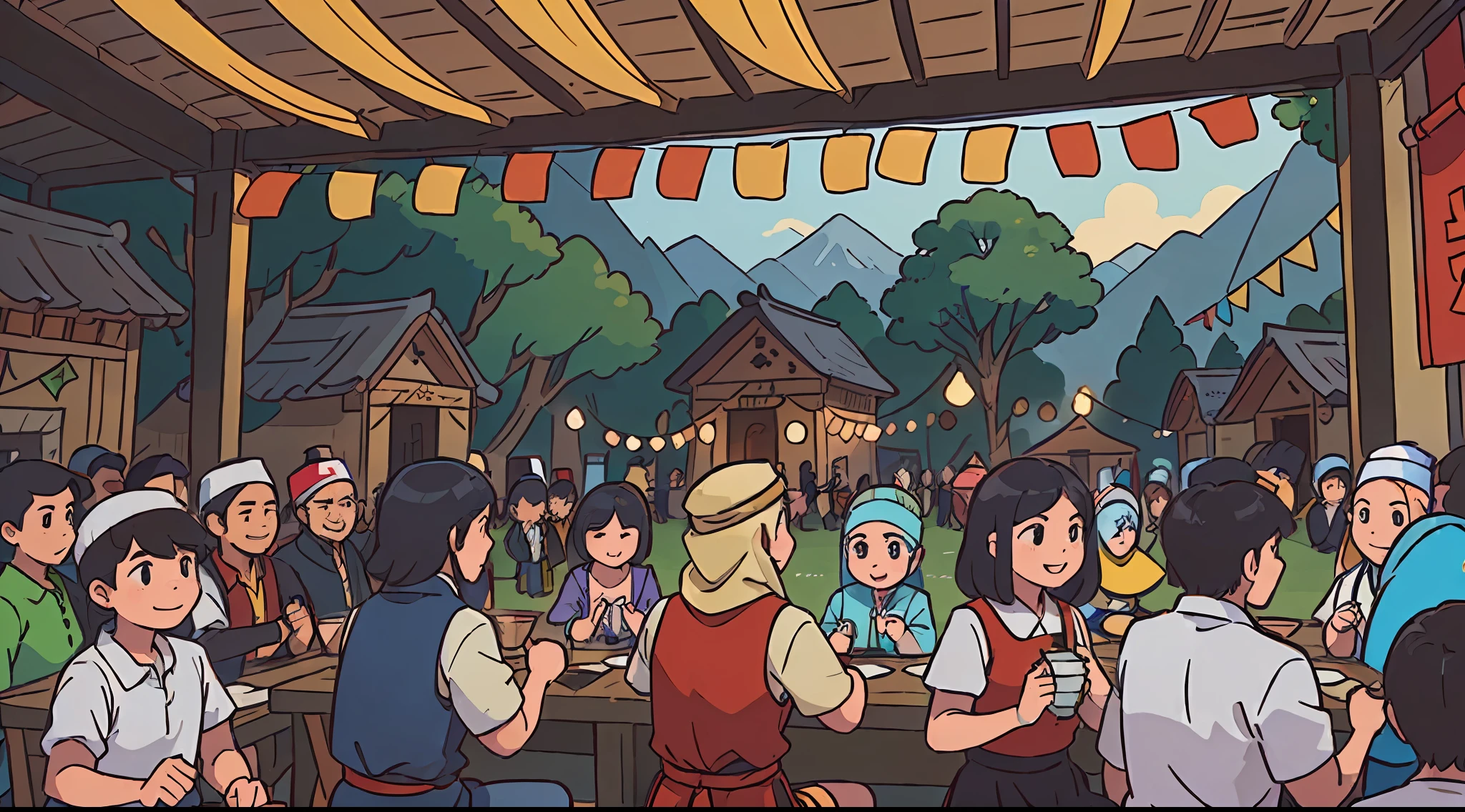 ((in the middle of the village hall there is a party)), (the atmosphere of an Indonesian village : 1.5 ), during the day, fetival, big festival, (lots of visitors : 1), ((crowd))