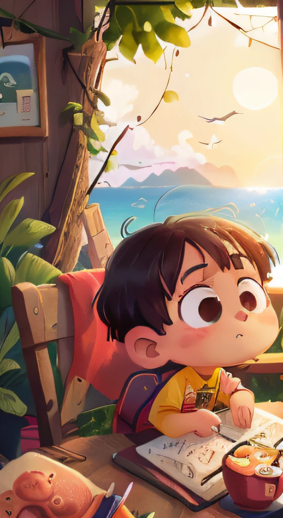 A little girl by the sea,the sunset,Back Shadow(Dining hall:0.8),(tmasterpiece:1.2),(realisticlying:1.2),(Bokeh),(best qualityer),(Detailed skins:1.3),(intricately details),(8K),(eye detailed),(sharp-focus),(Unhappy)。